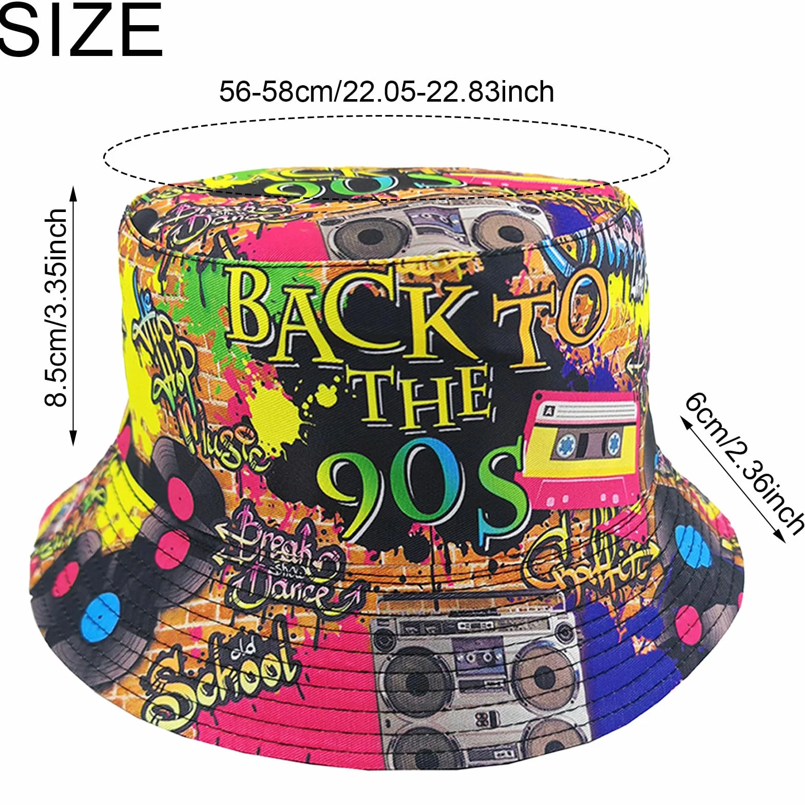 SSKHE Dwustronny kapelusz typu bucket z lat 90., graffiti, styl artystyczny, dwustronny zabawny kapelusz typu bucket hat, hip-hop, rockowy, styl uliczny unisex