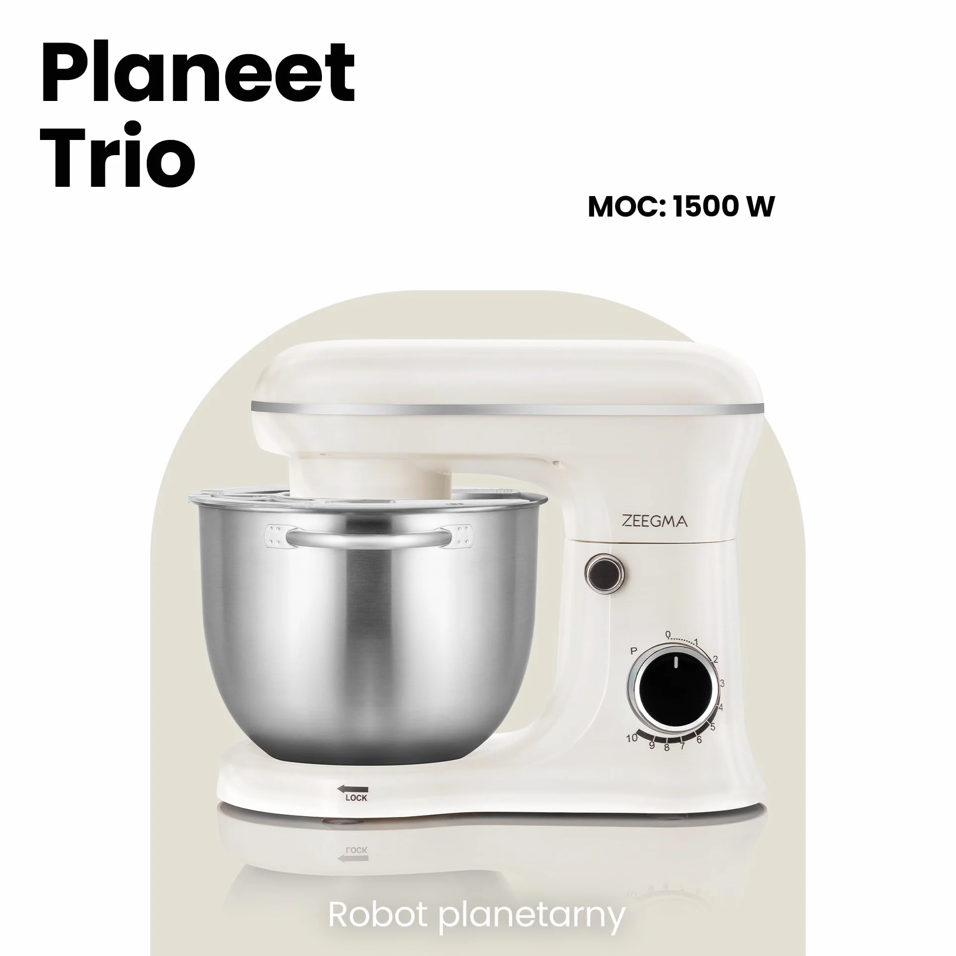 Robot Planetarny 1500 W Z 3 Misami 4l 4,5l 5,2l 10 Prędkości Mikser Hak Mieszadło Trzepaczka Biały