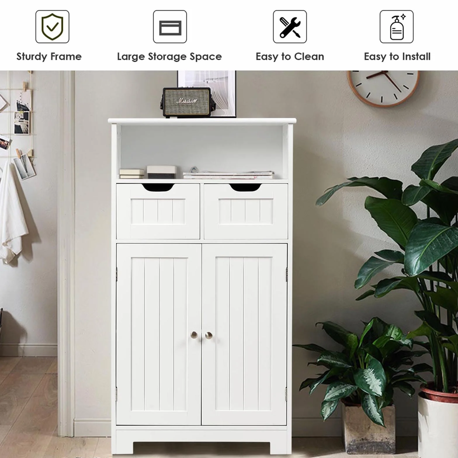 KOMFOTTEU Szafka łazienkowa 2 szuflady 2 szafki drzwiowe 60x30x109 cm MDF wolnostojąca biała