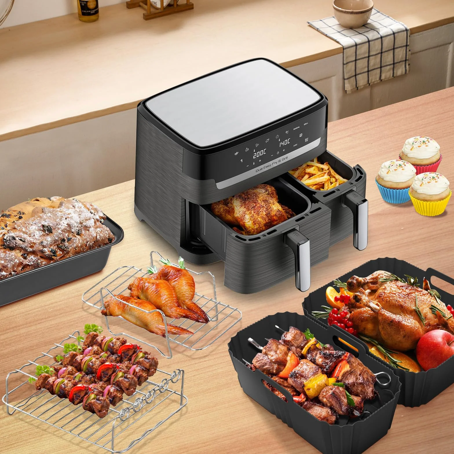 Tefal EY9018 Dual Easy Fry & Grill Akcesoria Do Frytkownicy Na Gorące Powietrze 5,2/3,1 L Silikonowa Forma Do Pieczenia Chleba Foremki Do Muffinek Ruszt Grillowy