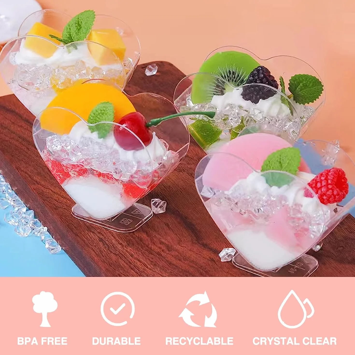 LATERN Plastikowe kubki deserowe, 120 ml, w kształcie serca, przezroczyste parfait, do przystawek, wielokrotnego użytku, na deser, pudding, mus, imprezę, 7,6 x 7,1 cm, 50 szt
