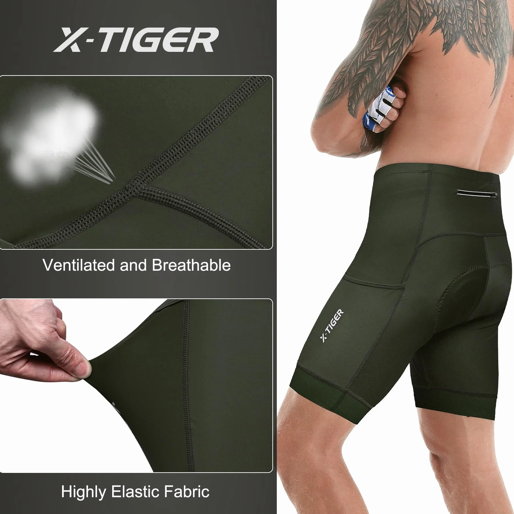 X-TIGER MTB Kolarstwo Męskie 5D Żelowe Wyściełane Spodenki Rowerowe Rower Męskie Oddychające Szybkoschnące Z 3 kieszeniami