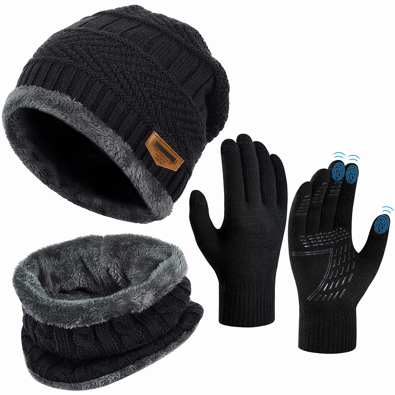 OOPOR Czapka zimowa szalik zestaw rękawiczek – ciepła dzianinowa czapka beanie koło ocieplacz na szyję rękawiczki do ekranu dotykowego sporty na świeżym powietrzu super miękka polarowa podszewka