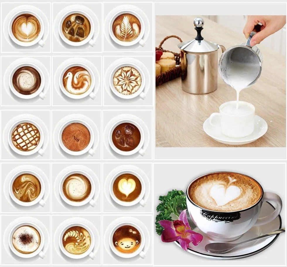 Ręczny spieniacz do mleka, ze stali nierdzewnej, ręcznie obsługiwany spieniacz do mleka, z podwójnym ekranem piankowym, do cappuccino, kawy, latte gorącej czekolady (400 ml)