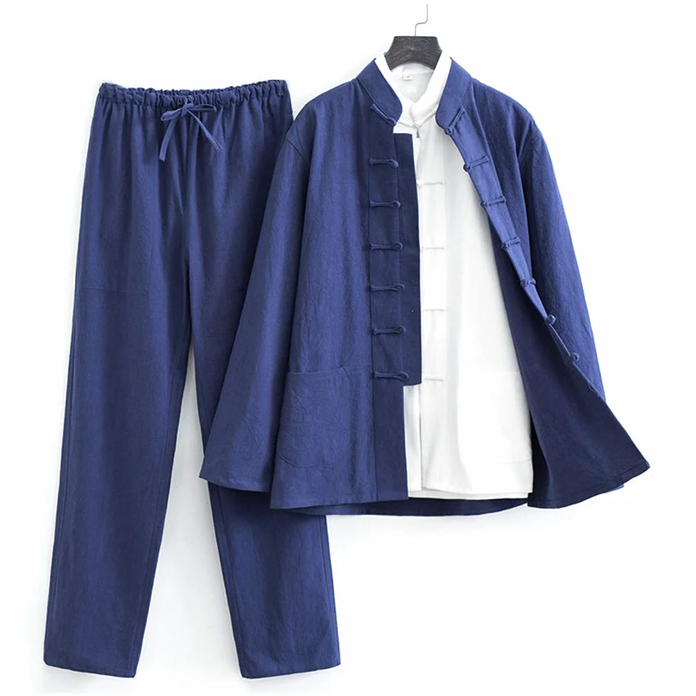 ZHOUXIAO bawełna Tai Chi uniform Męska odzież kung-fu z krótkim rękawem, tradycyjna chińska odzież, spodnie, kurtki, kostium na obcasy Tang Han Blue-XXXL