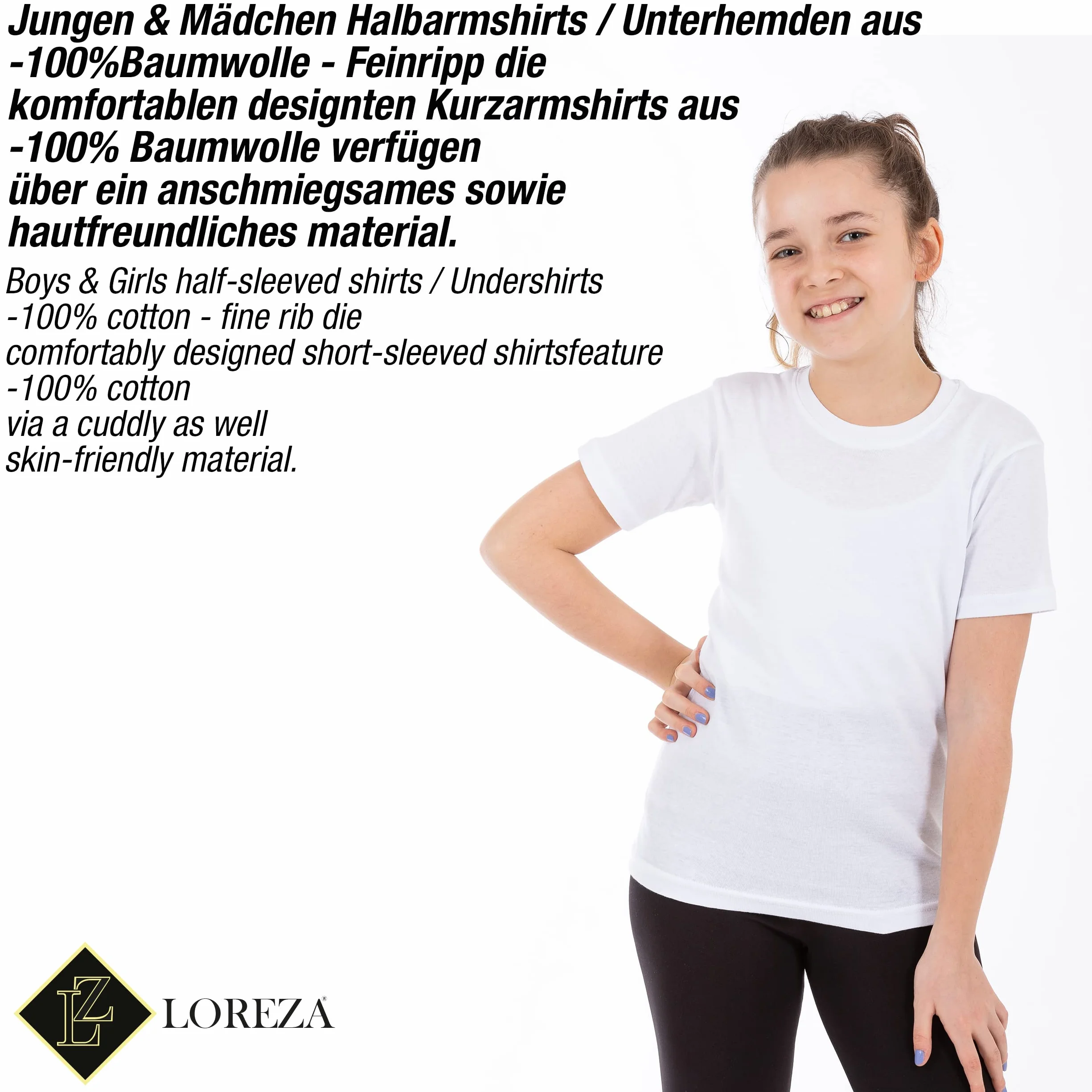 LOREZA ® 6-pak dziecięcy podkoszulek z krótkim rękawem, dla chłopców i dziewczynek, bielizna 100% bawełna