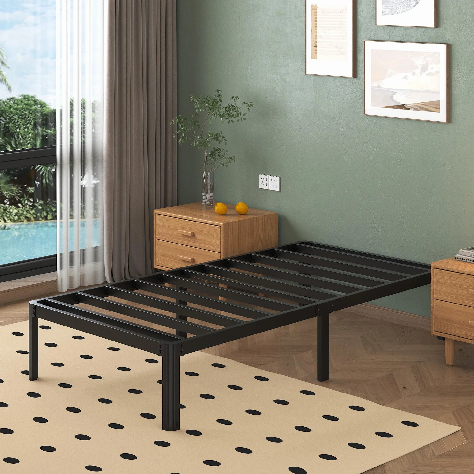 Lutown-Teen Łóżko pojedyncze 90 x 200 cm, rama łóżka z zakrzywionymi nogami, pojedynczy fotelik o wysokości 30 cm, dodatkowa przestrzeń do przechowywania, łatwy montaż, cichy, czarny