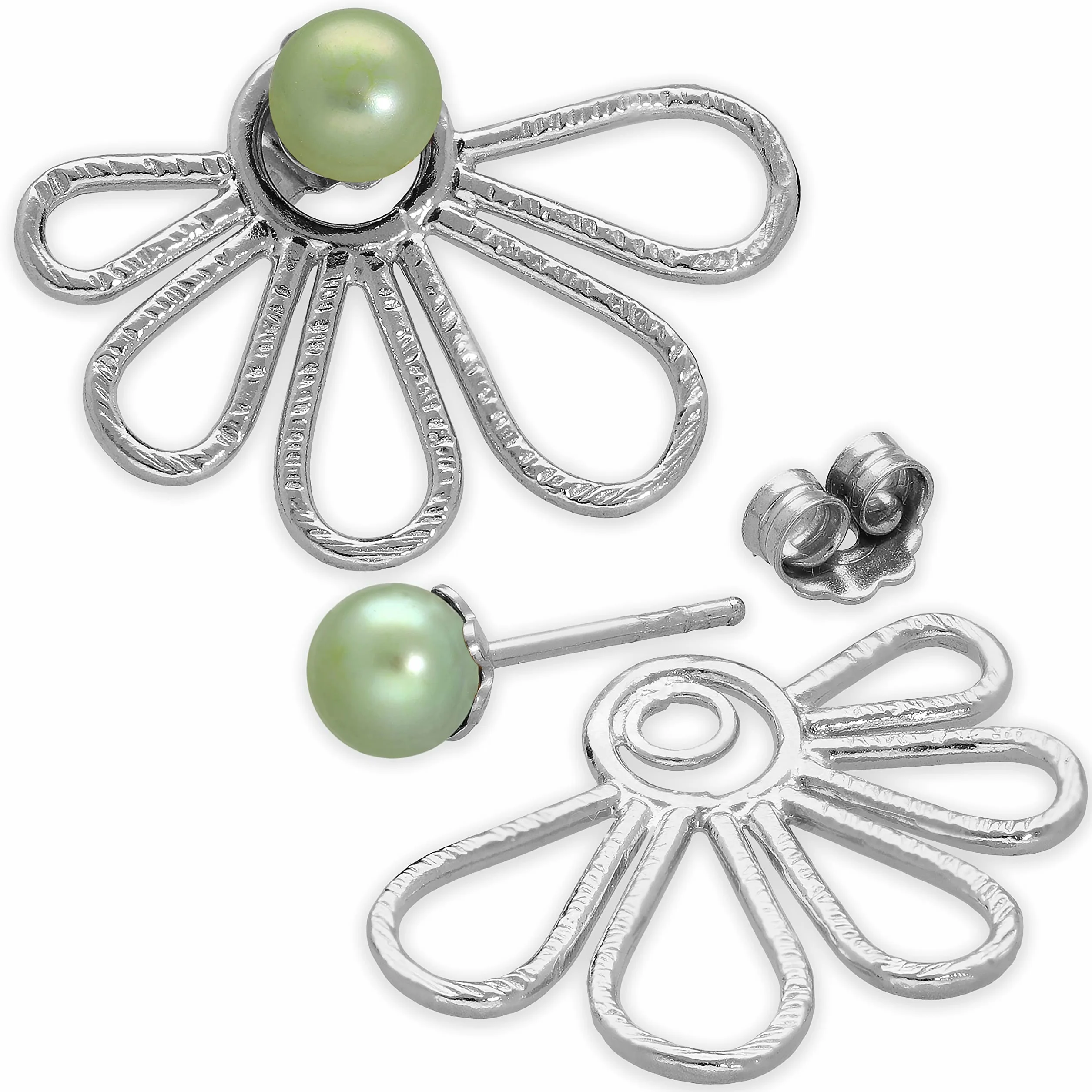 Kolczyki Ear-Jacket kwiaty ze srebra próby 925 z czarnymi perłami – wygląd 2 w 1 przód-tył – niklowane i hipoalergiczne – handmade by Emmanuela