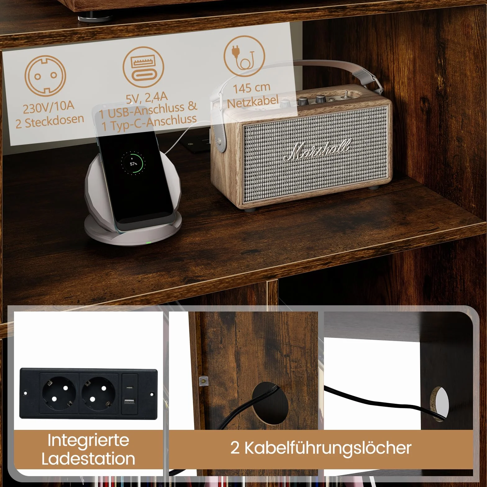 COSTWAY Stojak na gramofon ze stacją ładującą, 4 półki winylowe, szafka, stół do przechowywania płyt