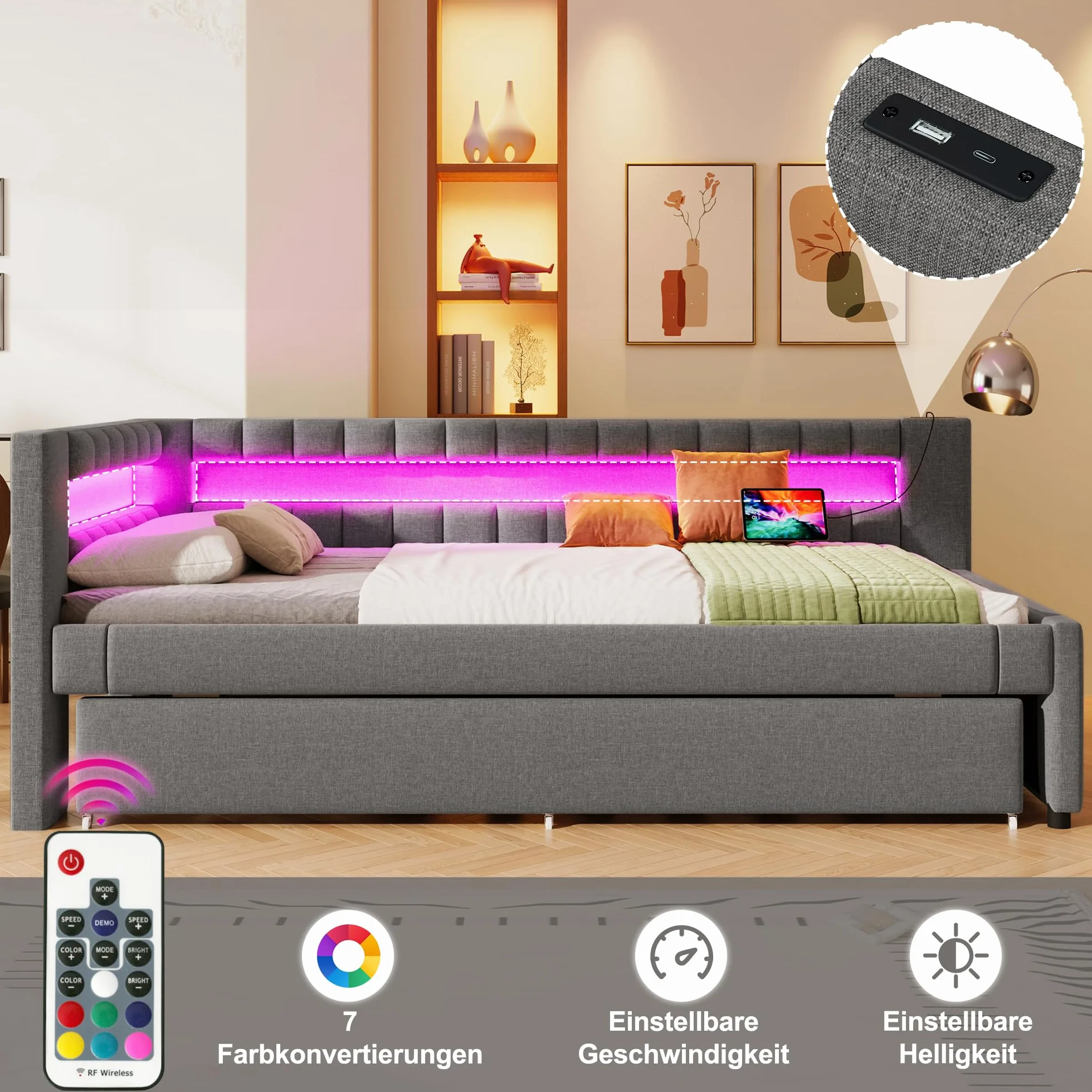 Łóżko tapicerowane z funkcją spania 90x200 cm z diodami LED i USB szare