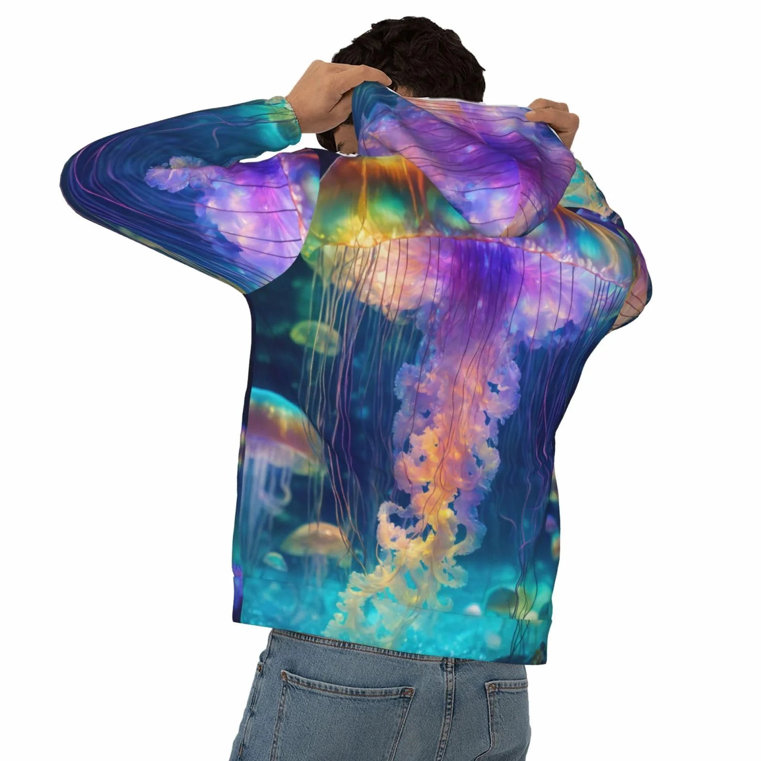 Męska bluza z kapturem z nadrukiem oceanu meduzy, casualowa grafika z nadrukiem bluzy z kapturem z kieszenią