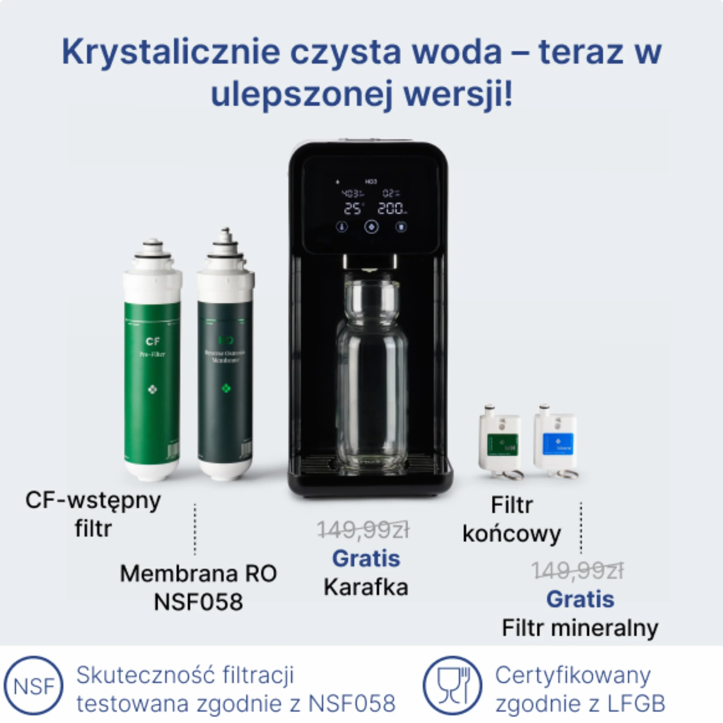 HO3® Home One Osmoza do wody pitnej z 4 poziomami temperatury (RT, 50, 85, 95°C), 5 poziomów emisji wody, z technologią filtrowania w czasie rzeczywistym TDS, MicroShield, filtr wody (czarny)