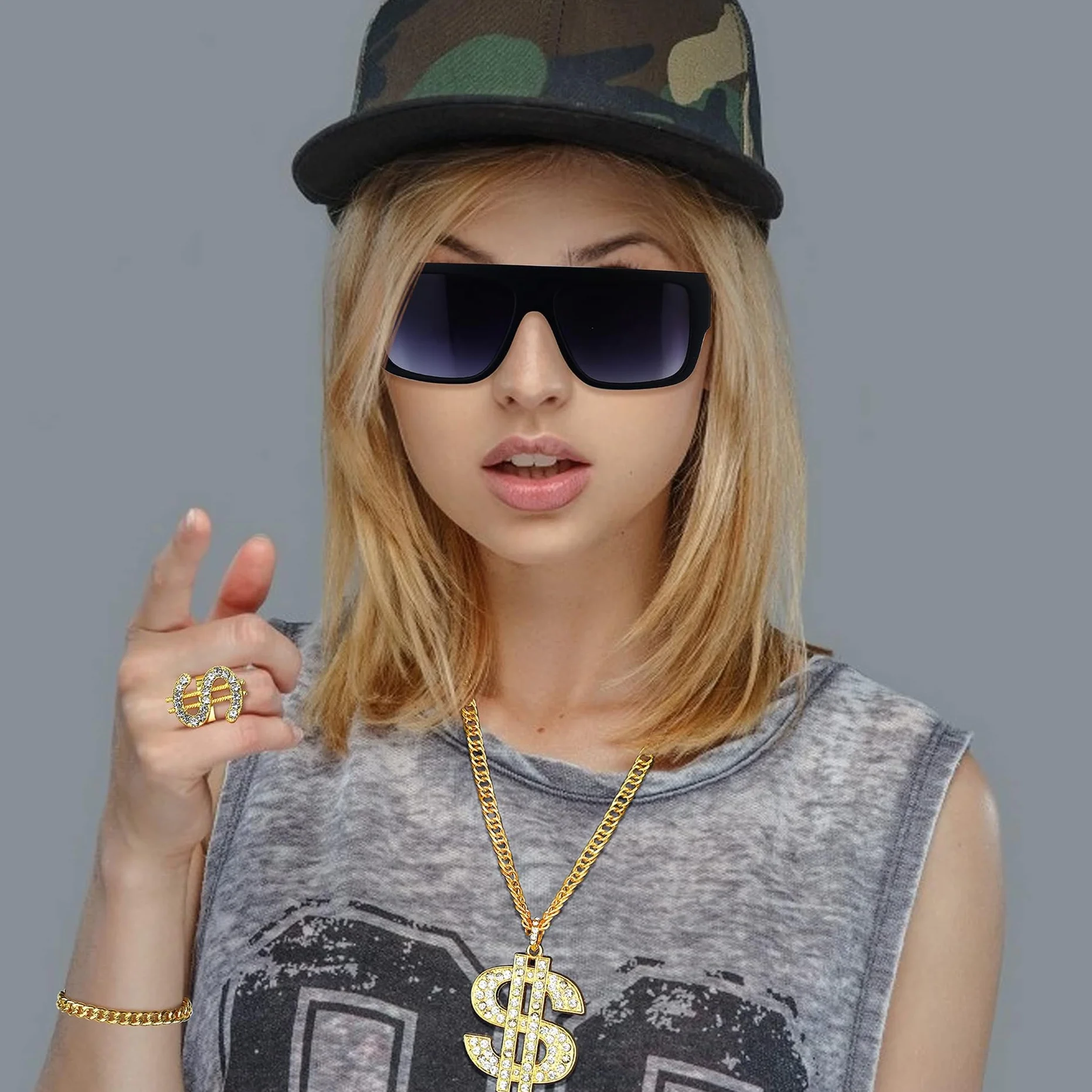 CASSIECA Zestaw hip-hopowy w stylu lat 80./90. dla mężczyzn i kobiet, metalowy łańcuszek, naszyjnik, bransoletka, okulary przeciwsłoneczne, znak dolara, pierścień, punk, hip hop, raper, kostium,