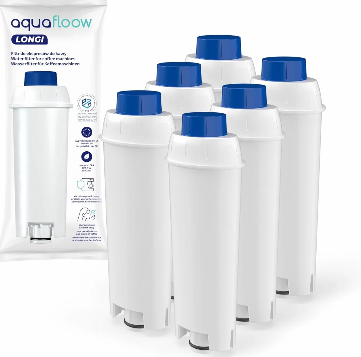 Aquafloow Filtr Wody do Ekspresu DeLonghi DLSC002 – Kompatybilny z DeLonghi® Magnifica® S, Eletta® Explorer, Dinamica®, PrimaDonna® i Serią ECAM – Wymienny Filtr do Ekspresów do Kawy (6x)
