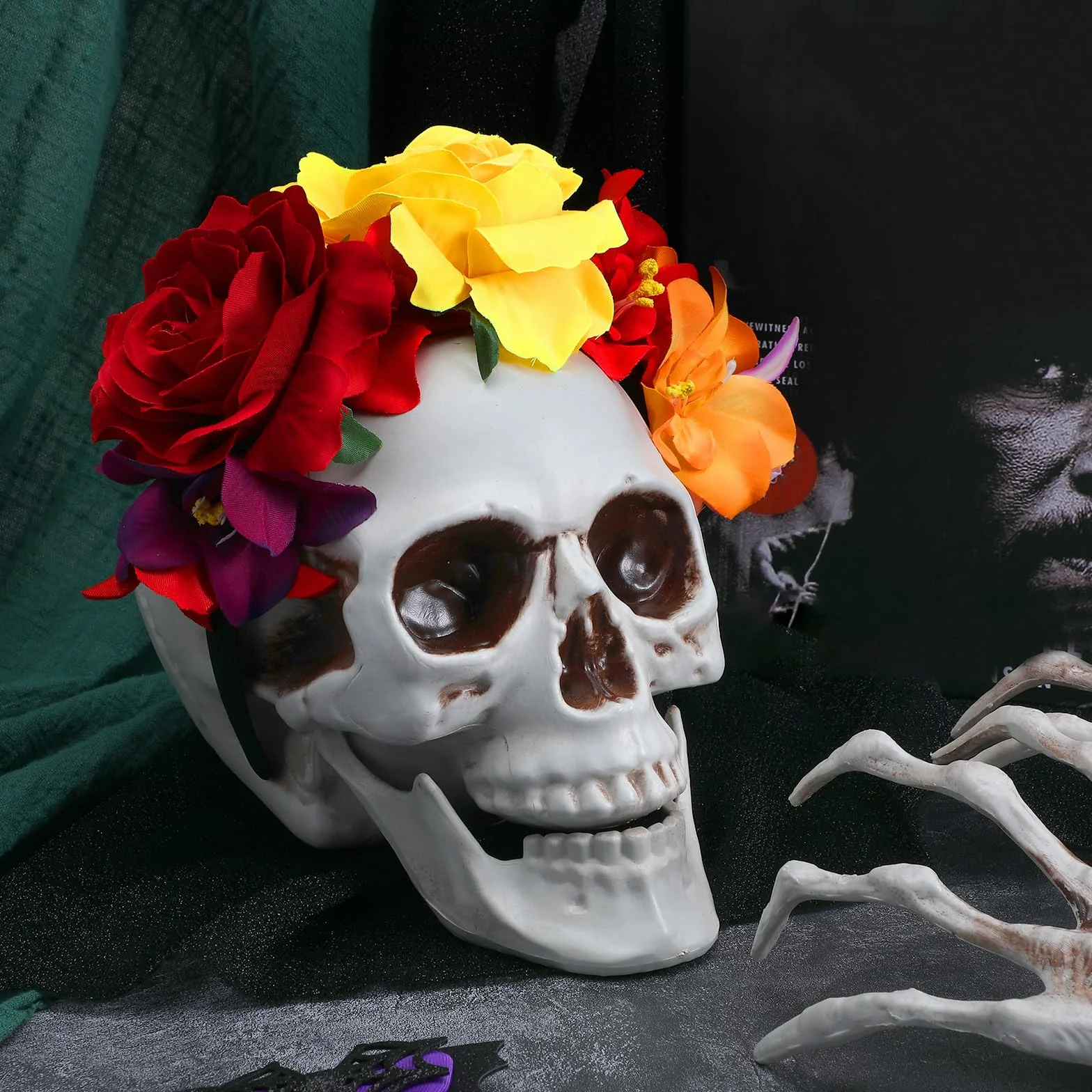 Amabro Opaski na czoło na Halloween, kwiatowy dzień zmarłych, meksykańskie kwiaty i korona róż, nakrycie głowy, Halloween, Cosplay, ozdoba głowy, kostium wianek do włosów, dekoracja dla kobiet i