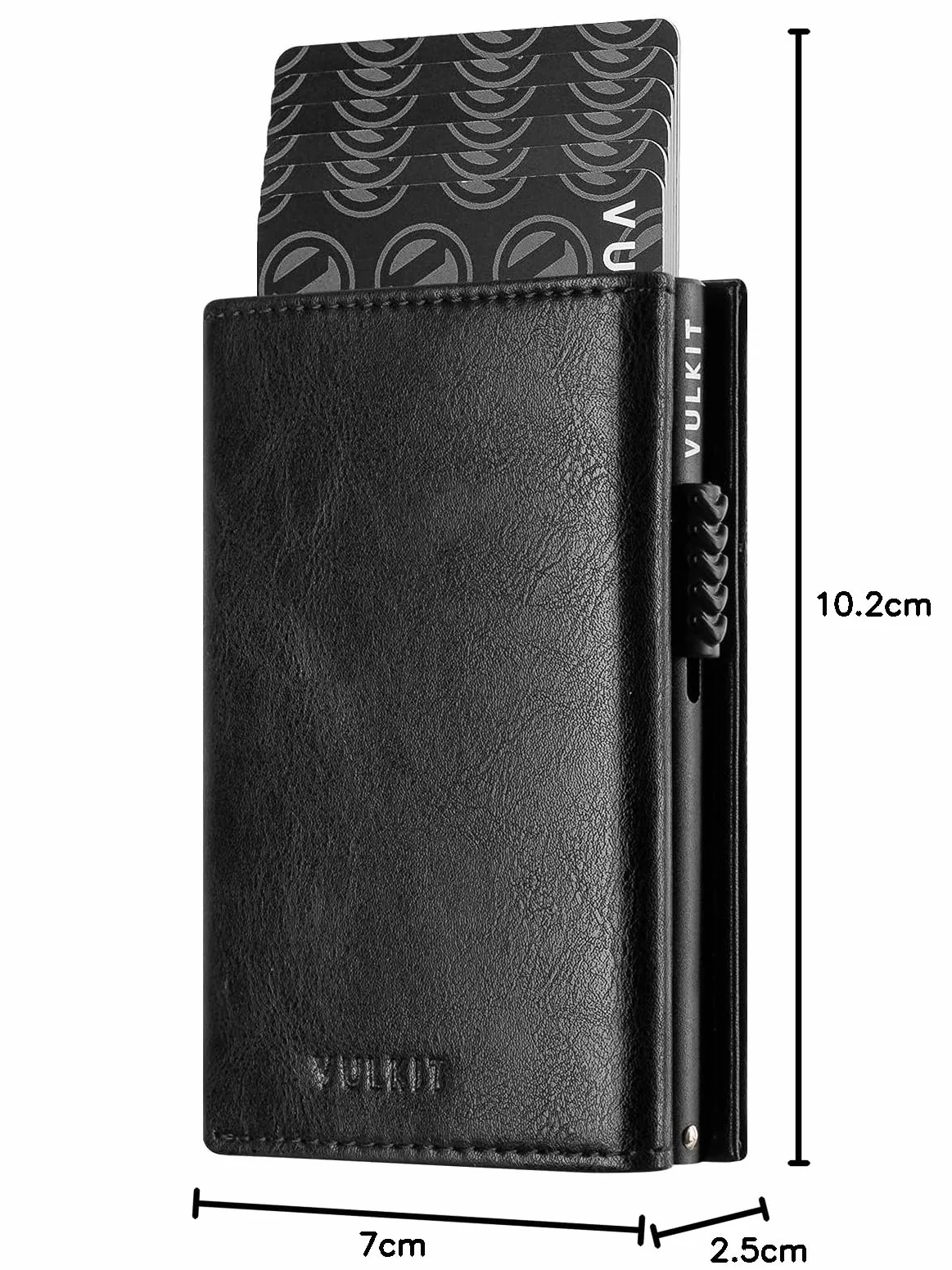 VULKIT Etui na karty kredytowe z blokadą RFID, portfel z prawdziwej skóry z przegródką na banknoty, okienkiem identyfikacyjnym, kieszenią na monety i zapięciem magnetycznym, czarny, Taille unique,