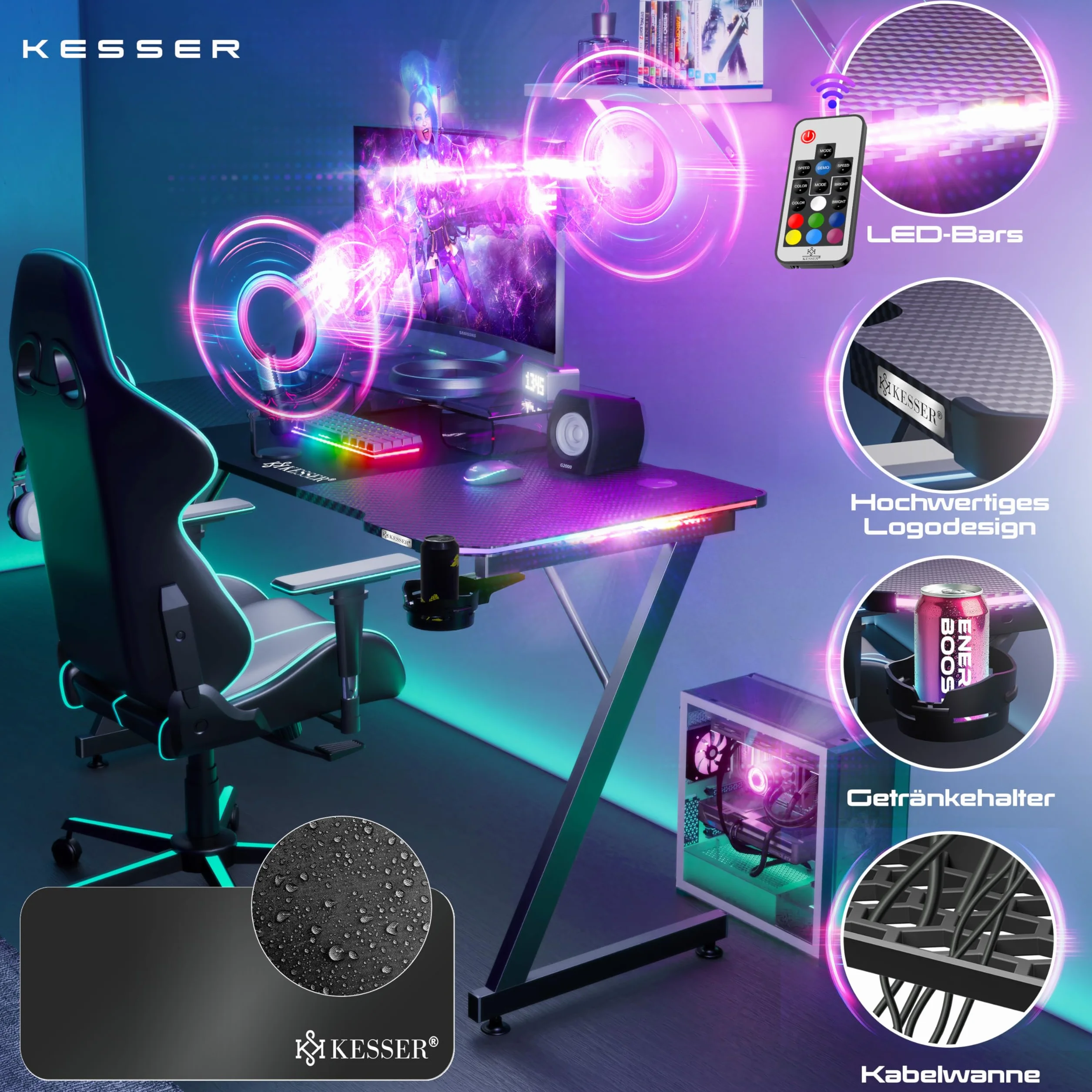 KESSER Stół gamingowy LED 140x60 cm czarny, biurko w kształcie Z