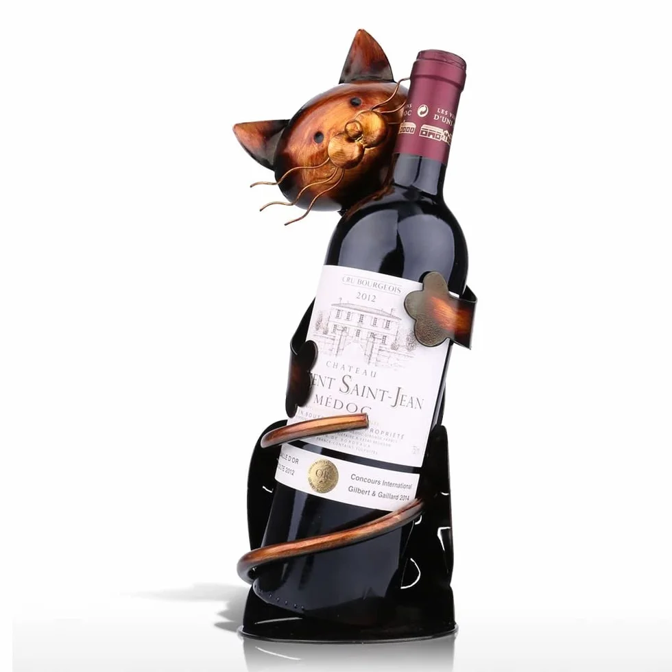 Stojak na wino w kształcie kota, metalowa rzeźba, dekoracja domu