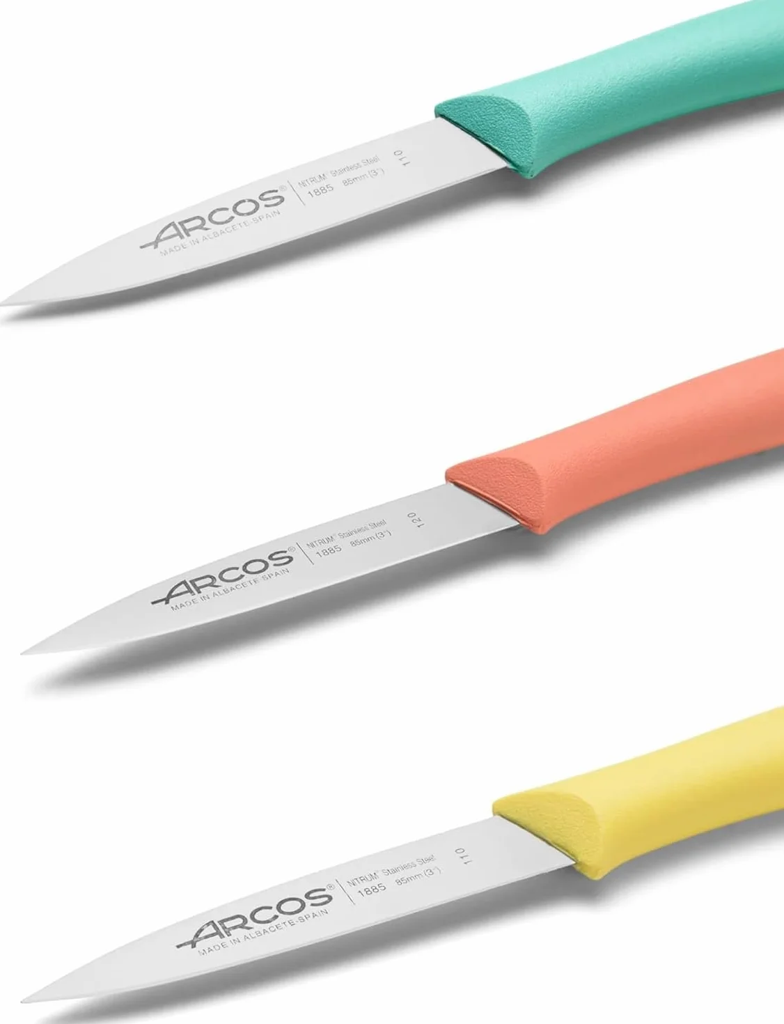 ARCOS Zestaw noży kuchennych Paring 3 sztuki stal POM ergonomiczna rękojeść Nova pomarańczowy żółty niebieski