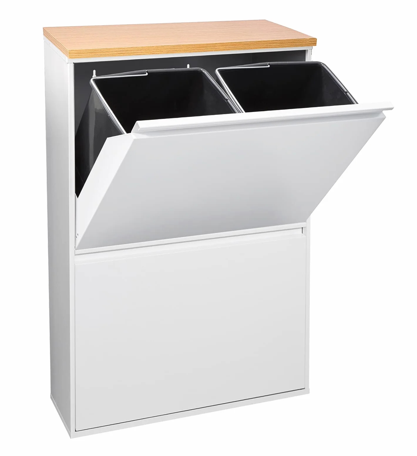 Arregui Basic CR601-B z blatem, wiadro na śmieci i recykling ze stali 4 wiadra, szafka do recyklingu z blatem, 4 x 17L (68L) (biały z blatem dębowym)