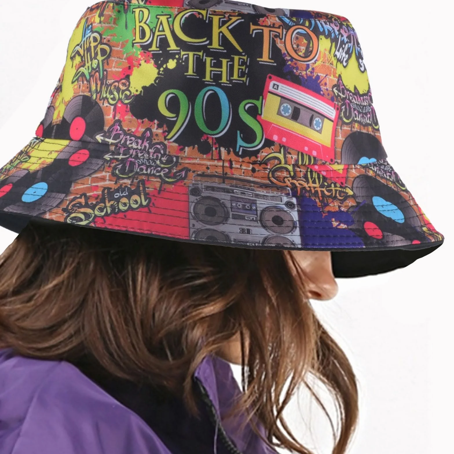 SSKHE Dwustronny kapelusz typu bucket z lat 90., graffiti, styl artystyczny, dwustronny zabawny kapelusz typu bucket hat, hip-hop, rockowy, styl uliczny unisex