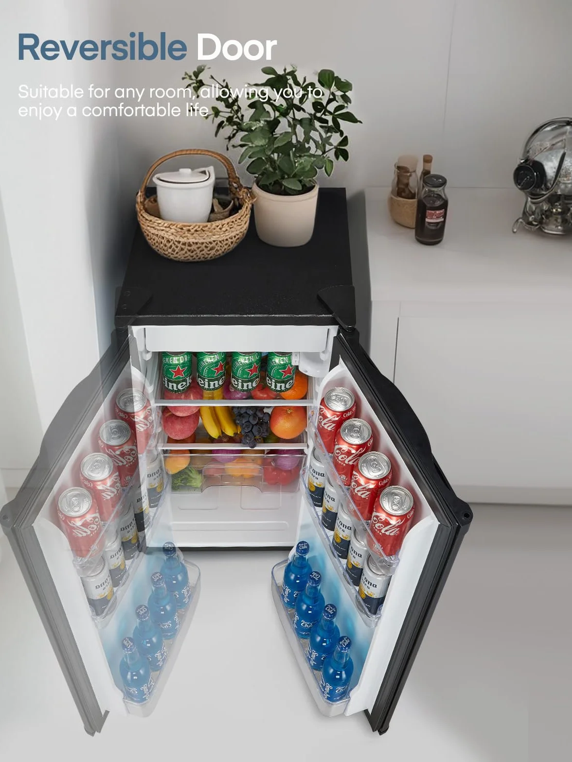 Lodówka FOHERE 90 l z zamrażalnikiem | Mała lodówka z szufladą na owoce i warzywa | 7 regulowanych poziomów temperatury | 84 kWh/rok | Odwracalne zawiasy drzwi | Regulowane nóżki | Czarny
