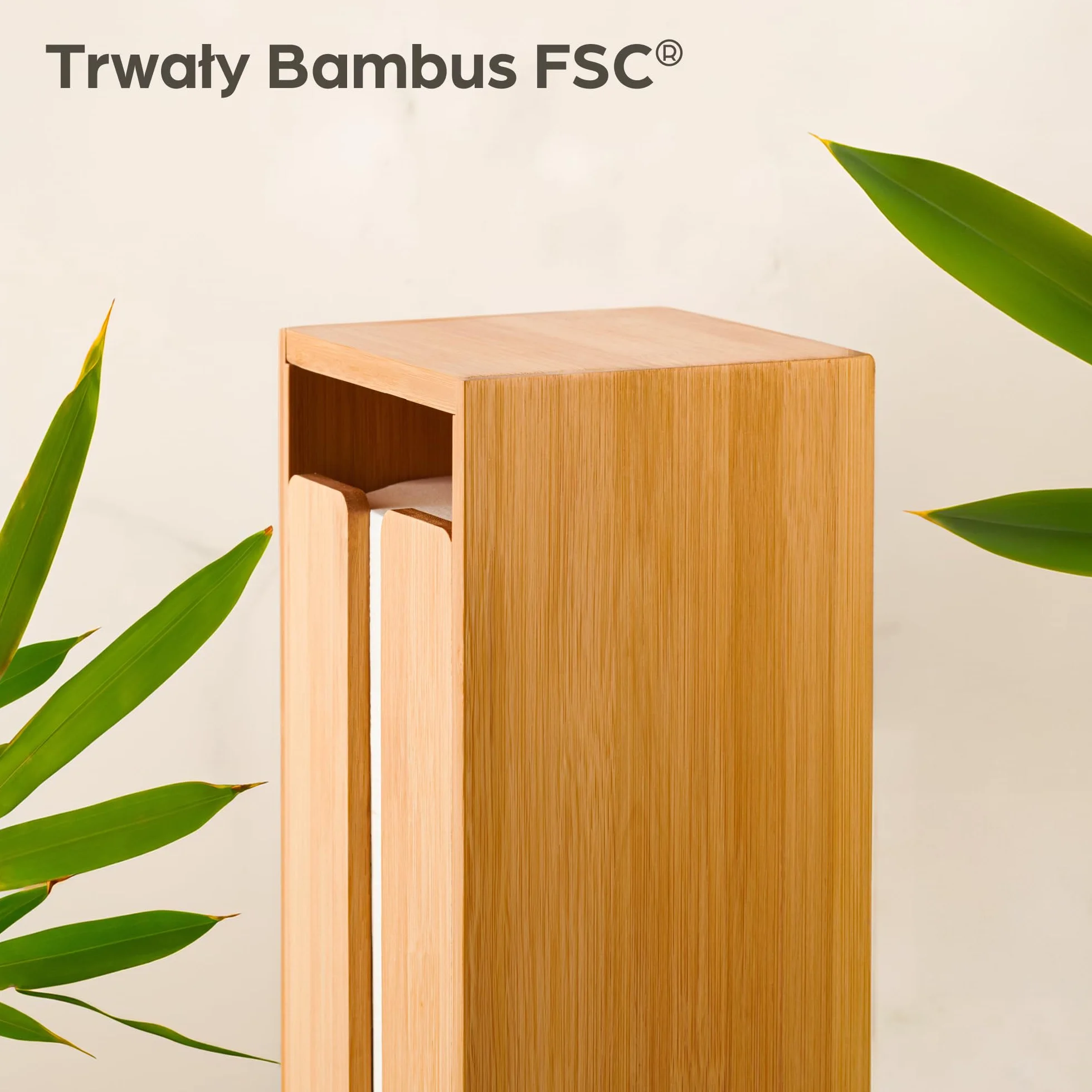 Stojący Uchwyt na Papier Toaletowy Bambus FSC z Magnetyczną Pokrywą 4 Rolki Antypoślizgowy