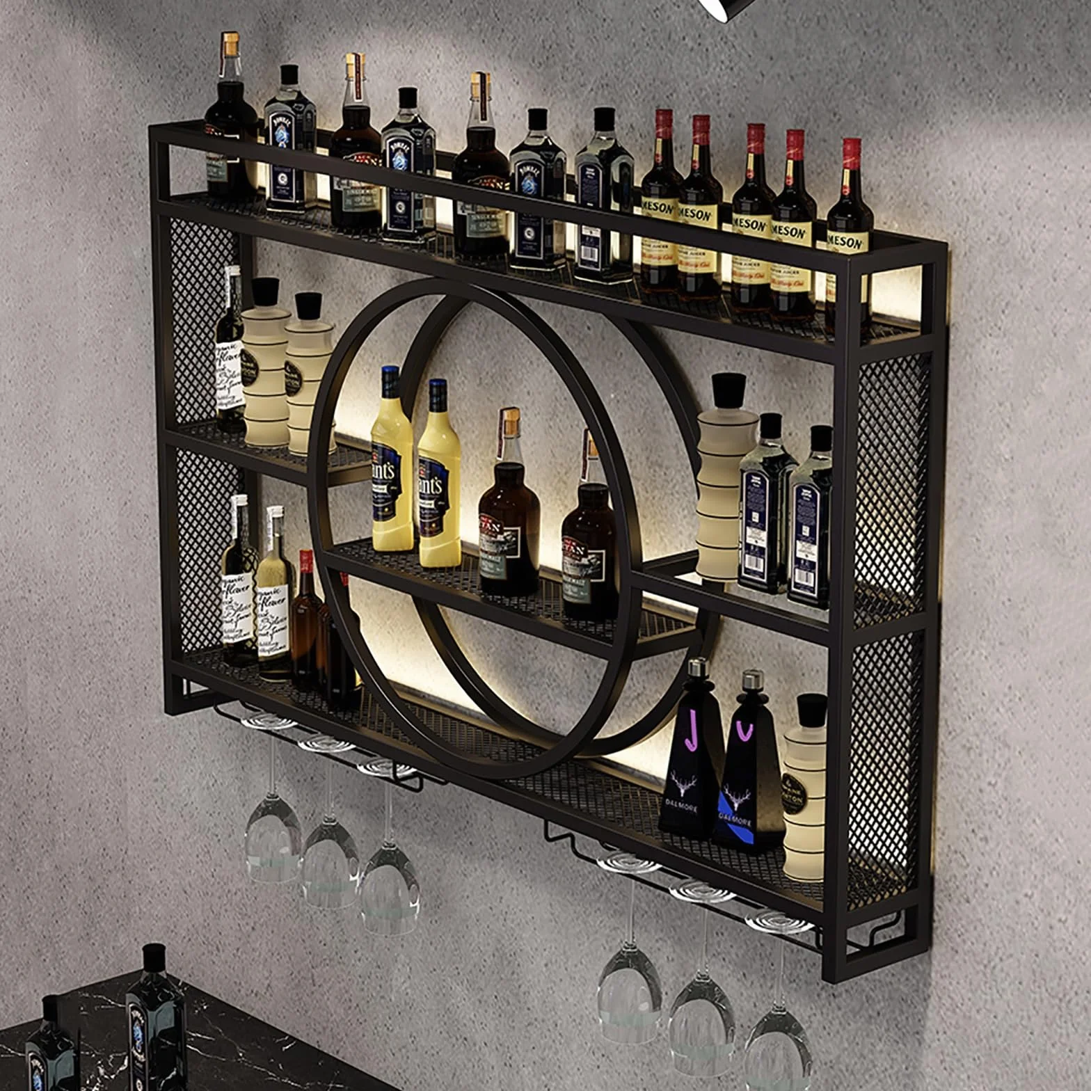 Stojak na wino, ścienne stojaki na wino, ścienny stojak na wino ze światłem LED, żelazna półka na alkohol z uchwytem na kieliszki do wina, pływające ścienne półki na wino, nowoczesny wyświetlacz do
