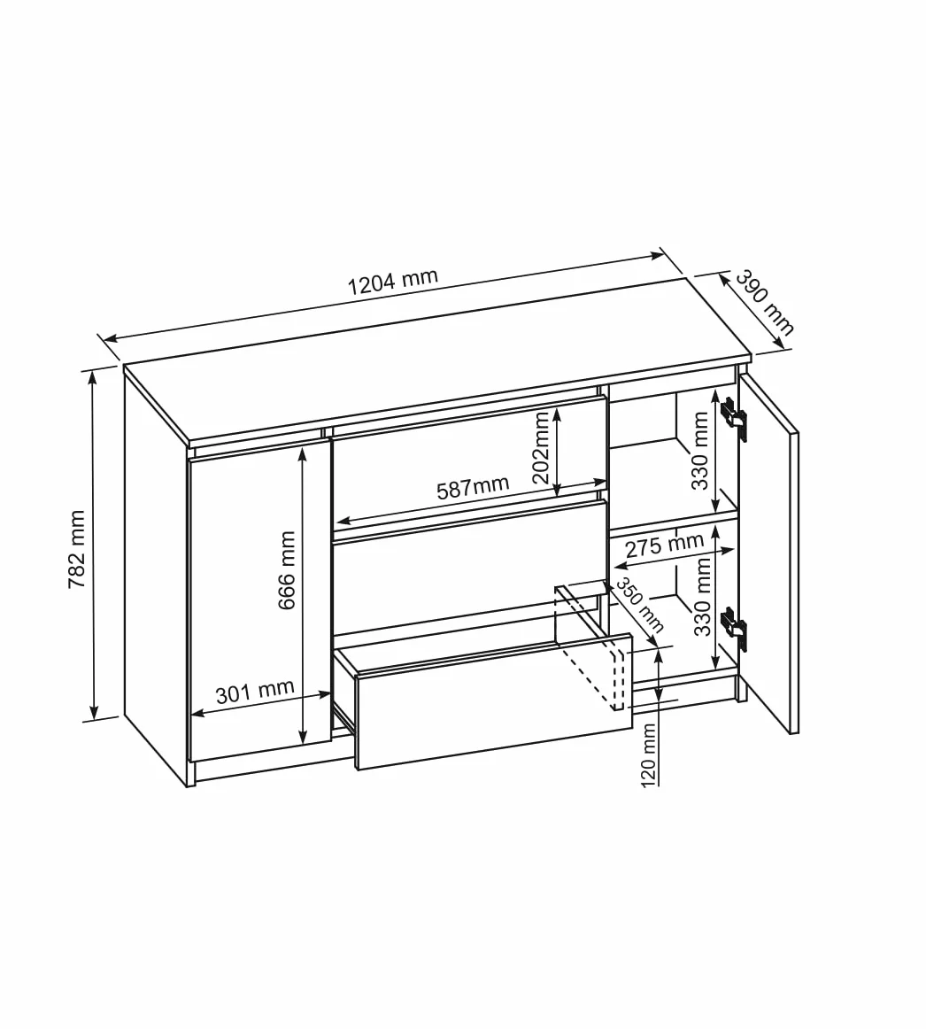 meble masztalerz Komoda Biała Mat z 3 szufladami i 2 drzwiami - 120,4x78,2x39 cm - Komoda do salonu, sypialni - Szafka z szufladami - Komoda z szufladami - 120 cm