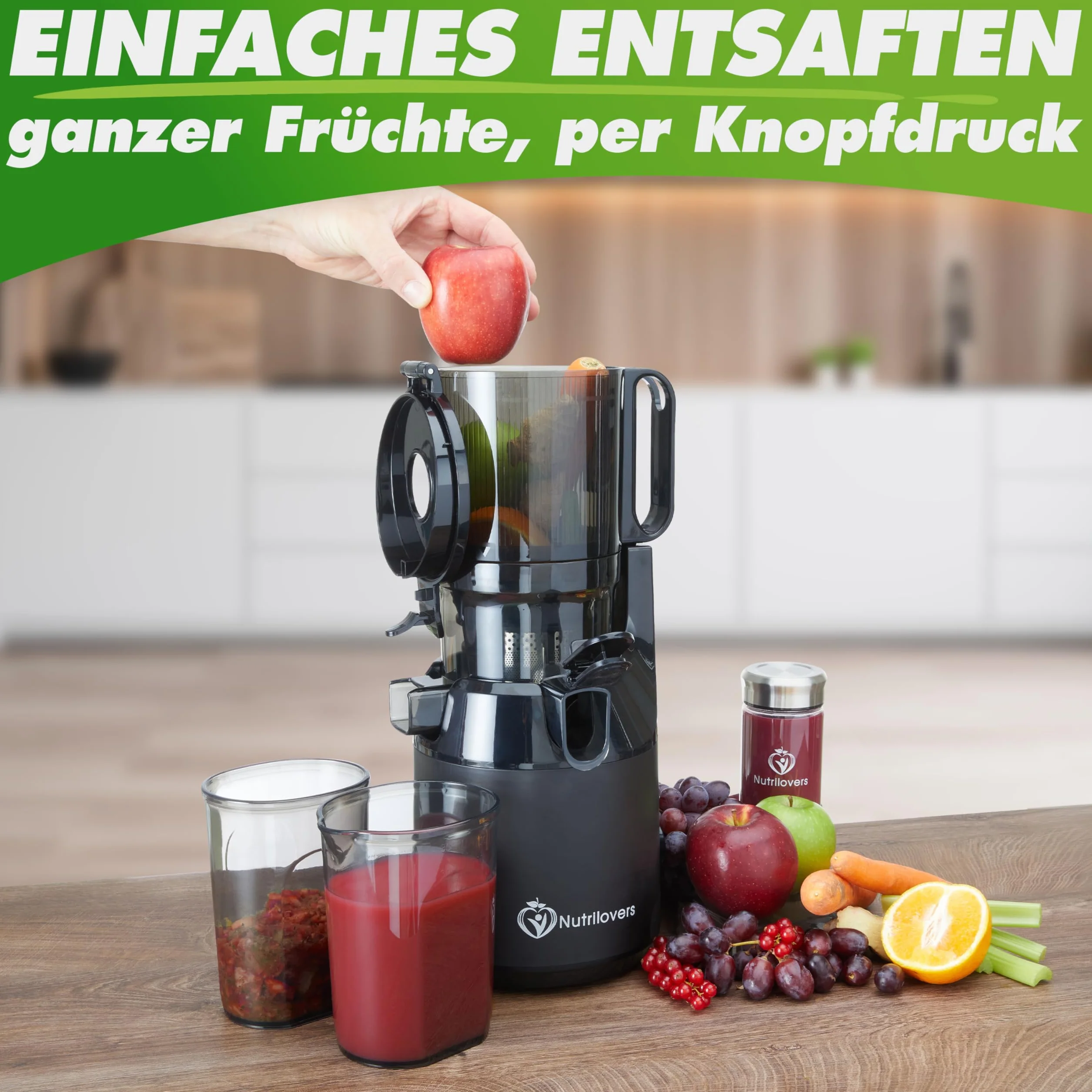 Nutrilovers Sokowirówka Slow Juicer NUTRI-PRESS MAX wyciskanie całych owoców otwór XXL 135 mm, bez BPA, zestaw z butelką