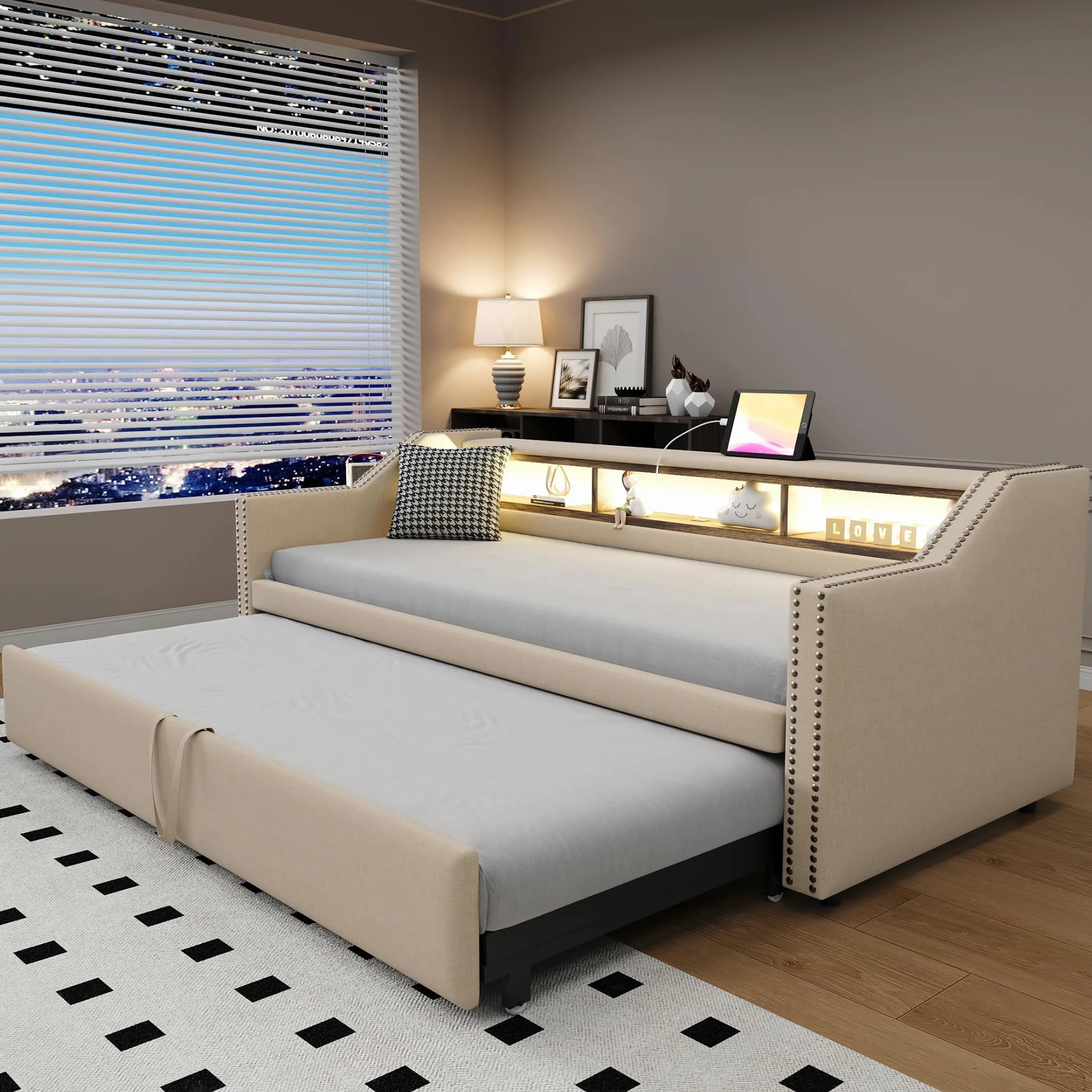 Łóżko dzienne 90/180 x 190 cm z łóżkiem dla gości, rozkładane na tę samą wysokość, sofa z funkcją spania dla 2 osób, len (beżowe)