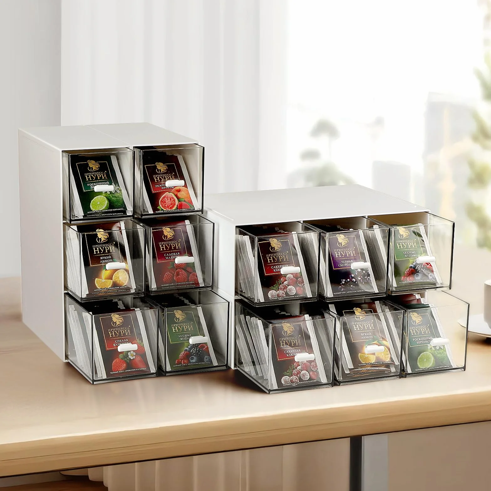EFUTURETIME 4 sztuki plastikowych skrzynek na herbatę z 12 szufladami 22,6x16,5x7,6cm Organizer na torebki herbaty, przechowywanie herbaty sypkiej, torebek herbaty, kawy, cukru, długopisów i