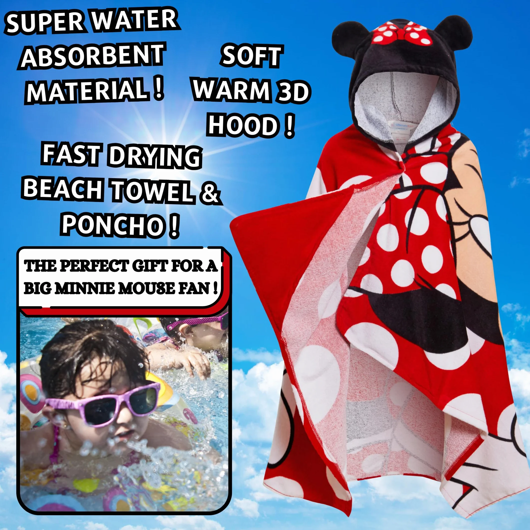 Disney Myszka Minnie ręcznik z kapturem 100% bawełna ponczo plażowy kąpielowy dla dzieci
