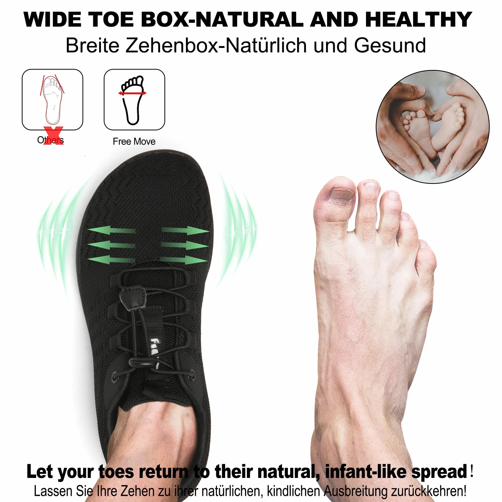 Geweo Buty Barefoot Mężczyźni Kobiety Lato Barefoot Shoes Szeroką Skrzynką na Palce Lato Oddychające Buty do Biegania Buty do Treningu Lekkie Wygodne Buty Fitness Sneaker Unisex Czarny 44EU