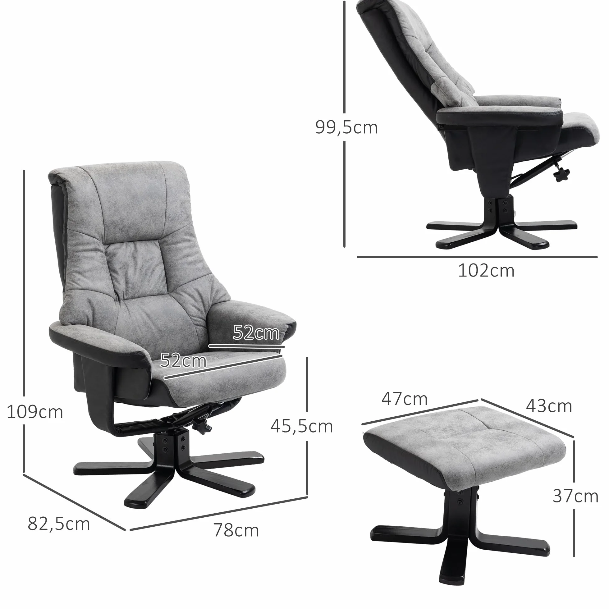 HOMCOM Fotel relaksacyjny z taboretem, obrotowy fotel telewizyjny z funkcją leżenia, tapicerowany fotel do salonu, sypialni, mikrofibra, szary, 78 x 82,5 x 109 cm