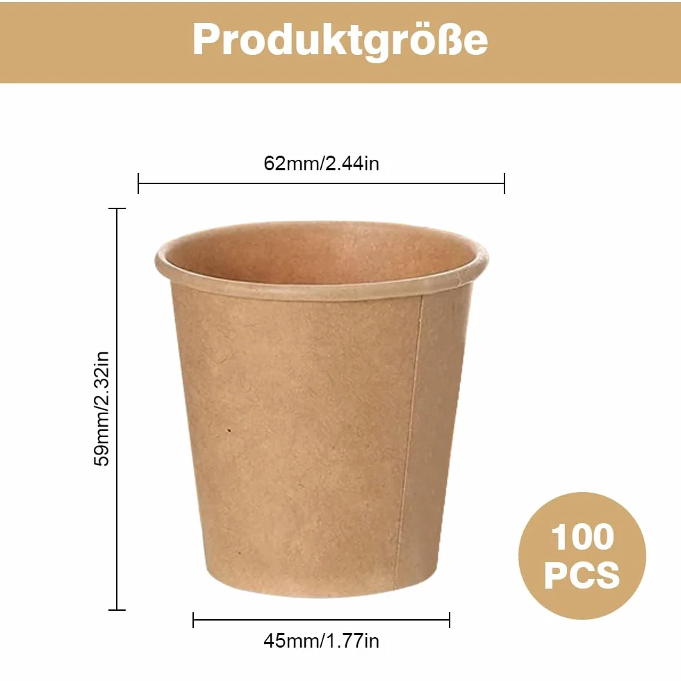 Kubki do kawy, 100 sztuk jednorazowych kubków do kawy, przyjazne dla środowiska, papierowe kubki 100 ml, biodegradowalne, jednorazowe, brązowe, niewybielane, do kawy na wynos, papierowe kubki