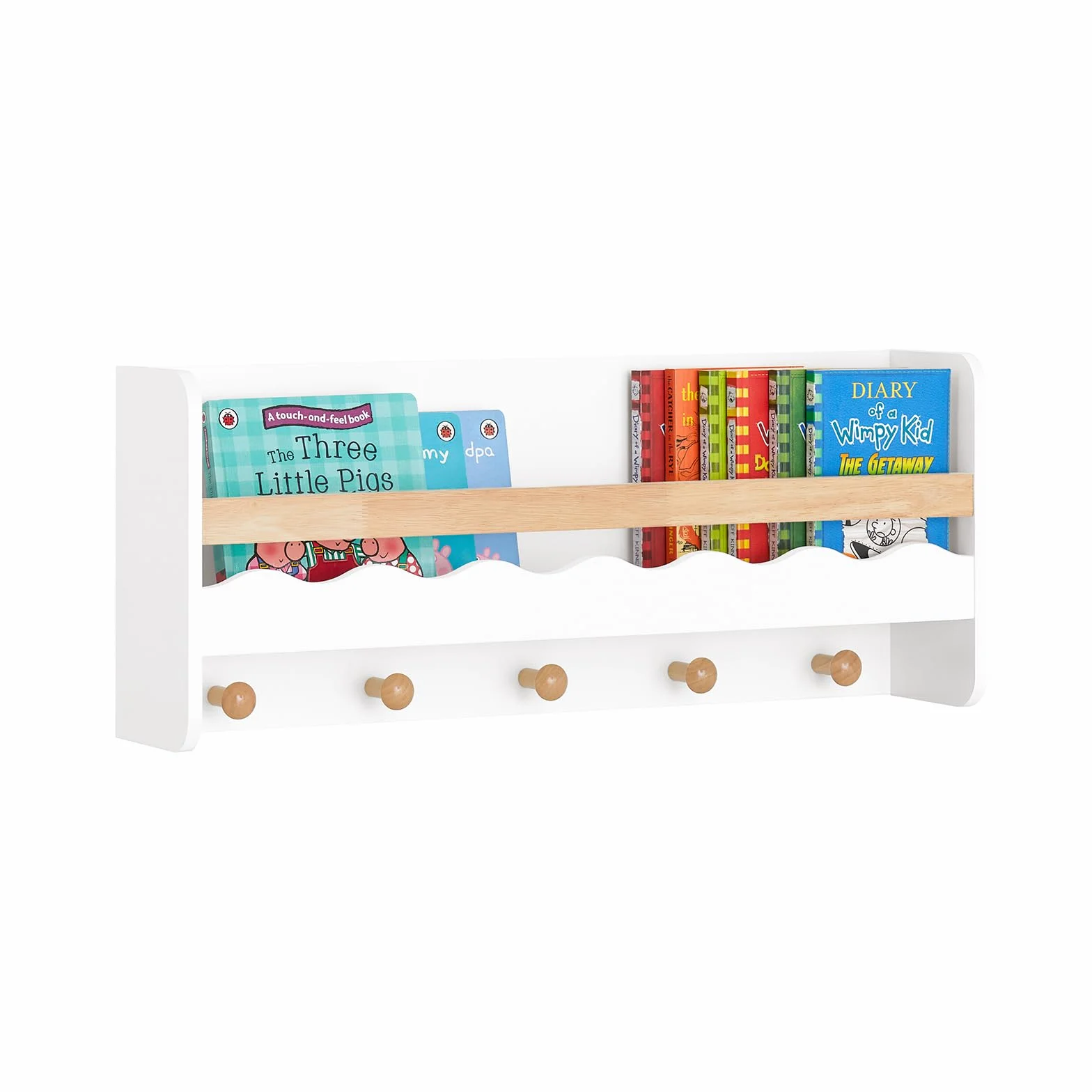 SoBuy KMB78-W Regał dla Dzieci Półka ścienna Gablota Regał Półka Loftowa Szafki 5 haczyków 73x15x30 cm