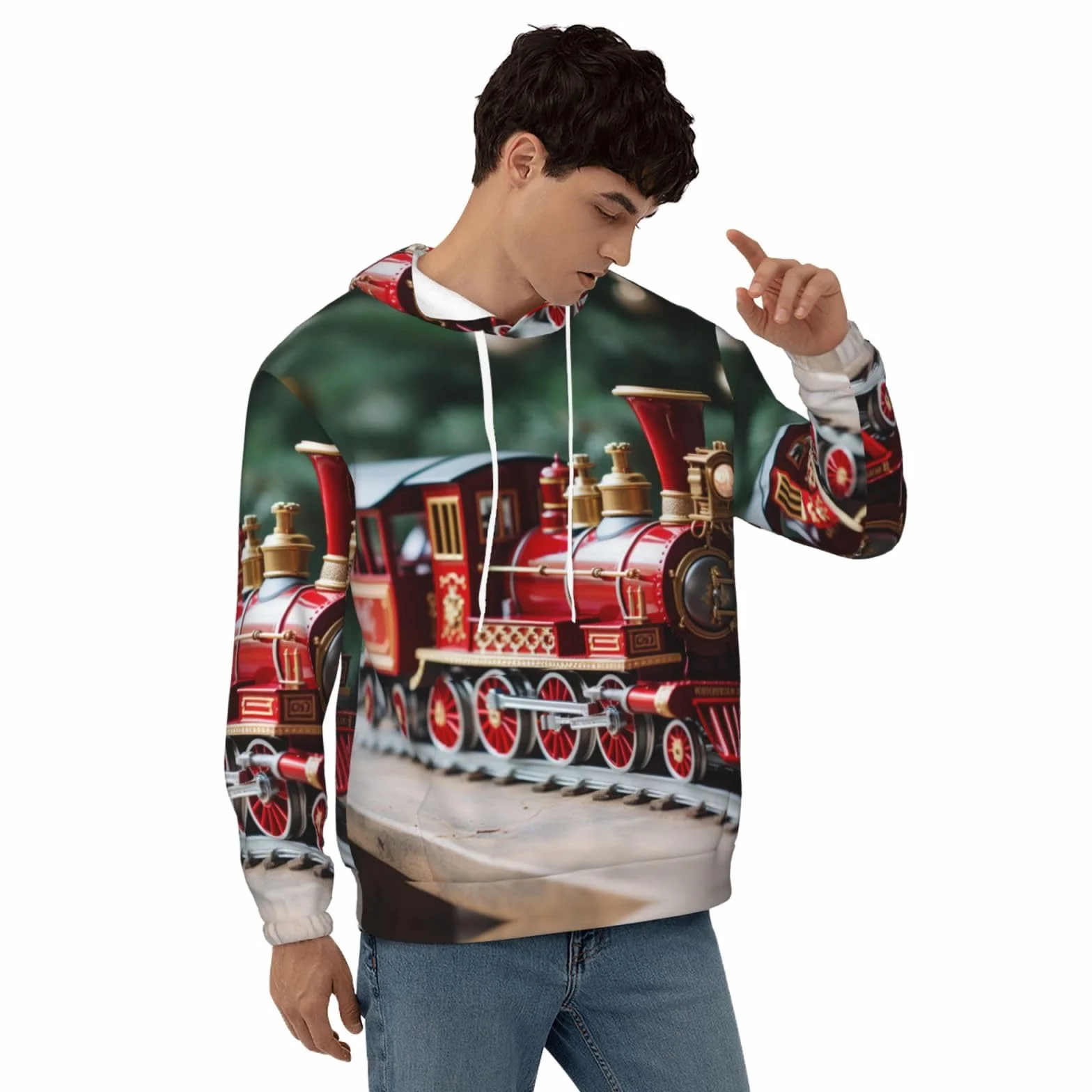 Męska bluza z kapturem z nadrukiem świątecznego pociągu, casualowa grafika z nadrukiem bluzy z kapturem z kieszenią