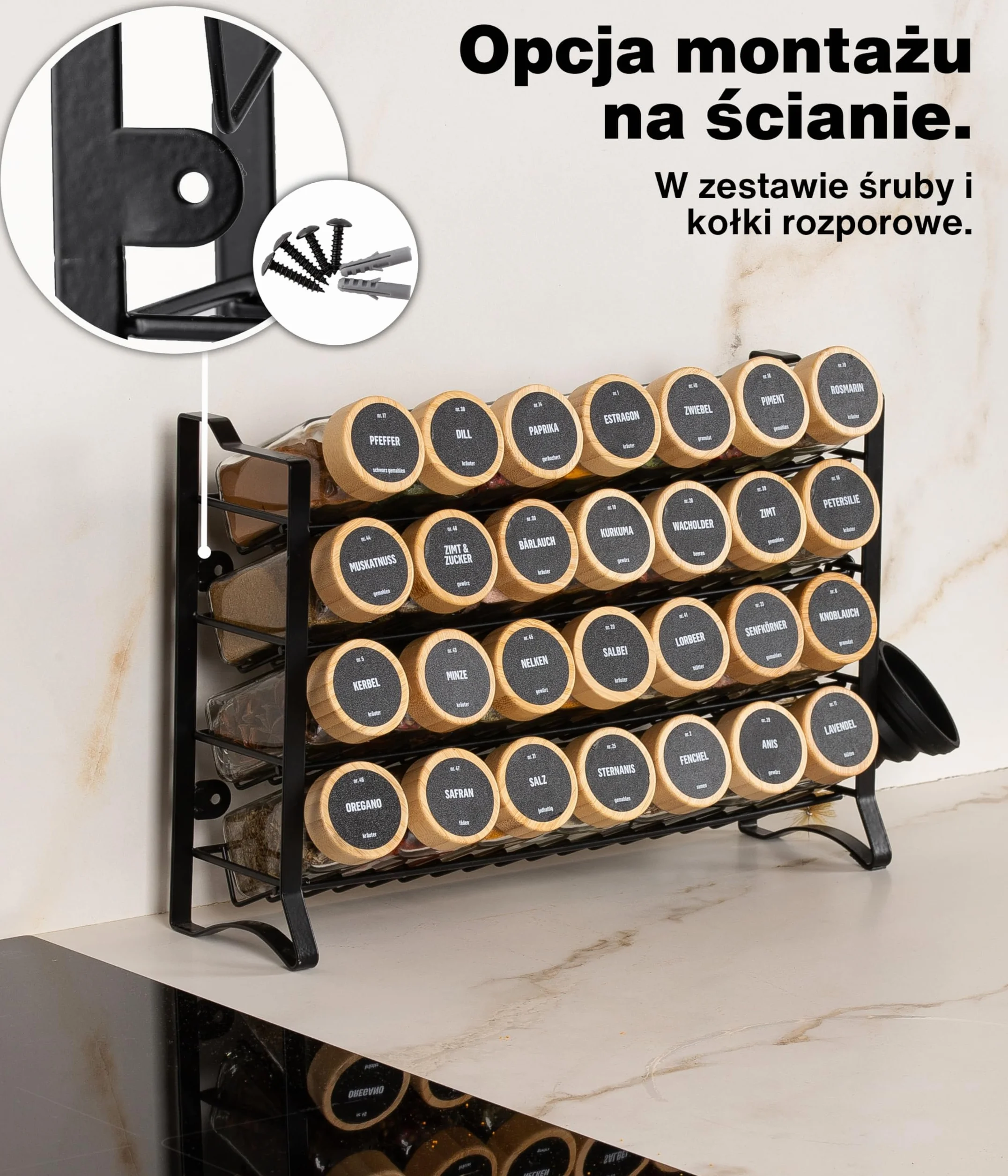 Deco haus Stojak na Przyprawy 4-poziomowy Metalowy Organizer Kuchenny 28 Słoiczki Czarny
