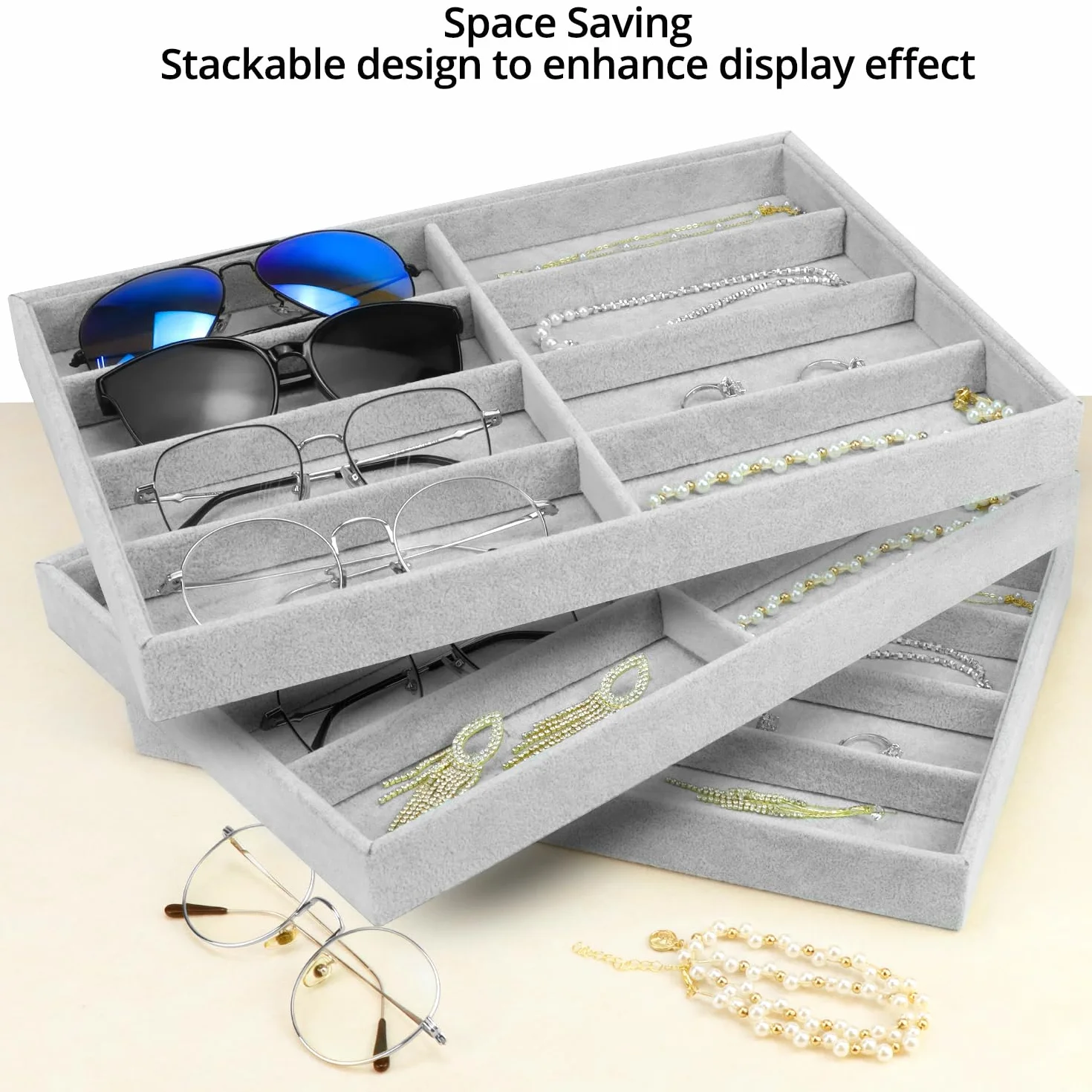 QWORK® Organizer na okulary, 8 siatek, aksamitna taca ekspozycyjna, możliwość układania w stosy i wszechstronny na okulary, zegarki i biżuterię