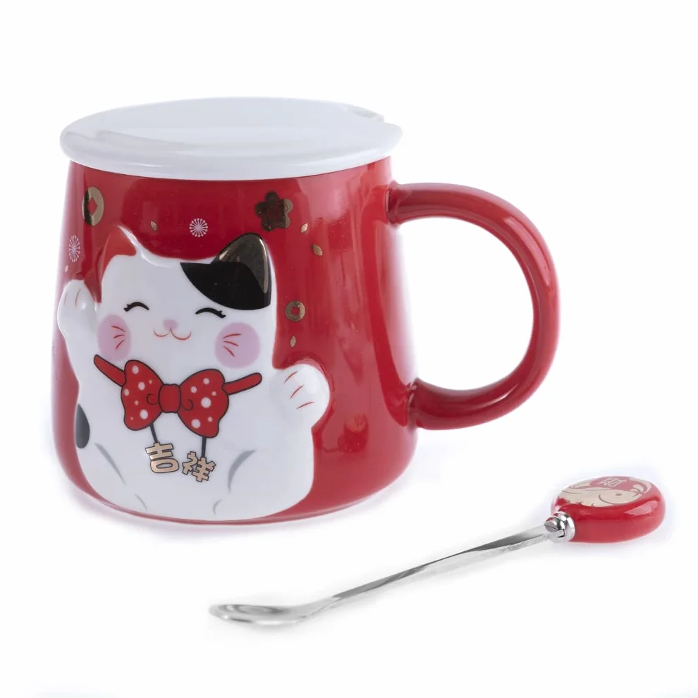 lachineuse - Wytłoczony kubek - Dekoracje Cat Maneki Neko - Czerwony odcień - W towarzystwie łyżki - Japońska dekoracja - Pomysł na prezent Japonia Azja