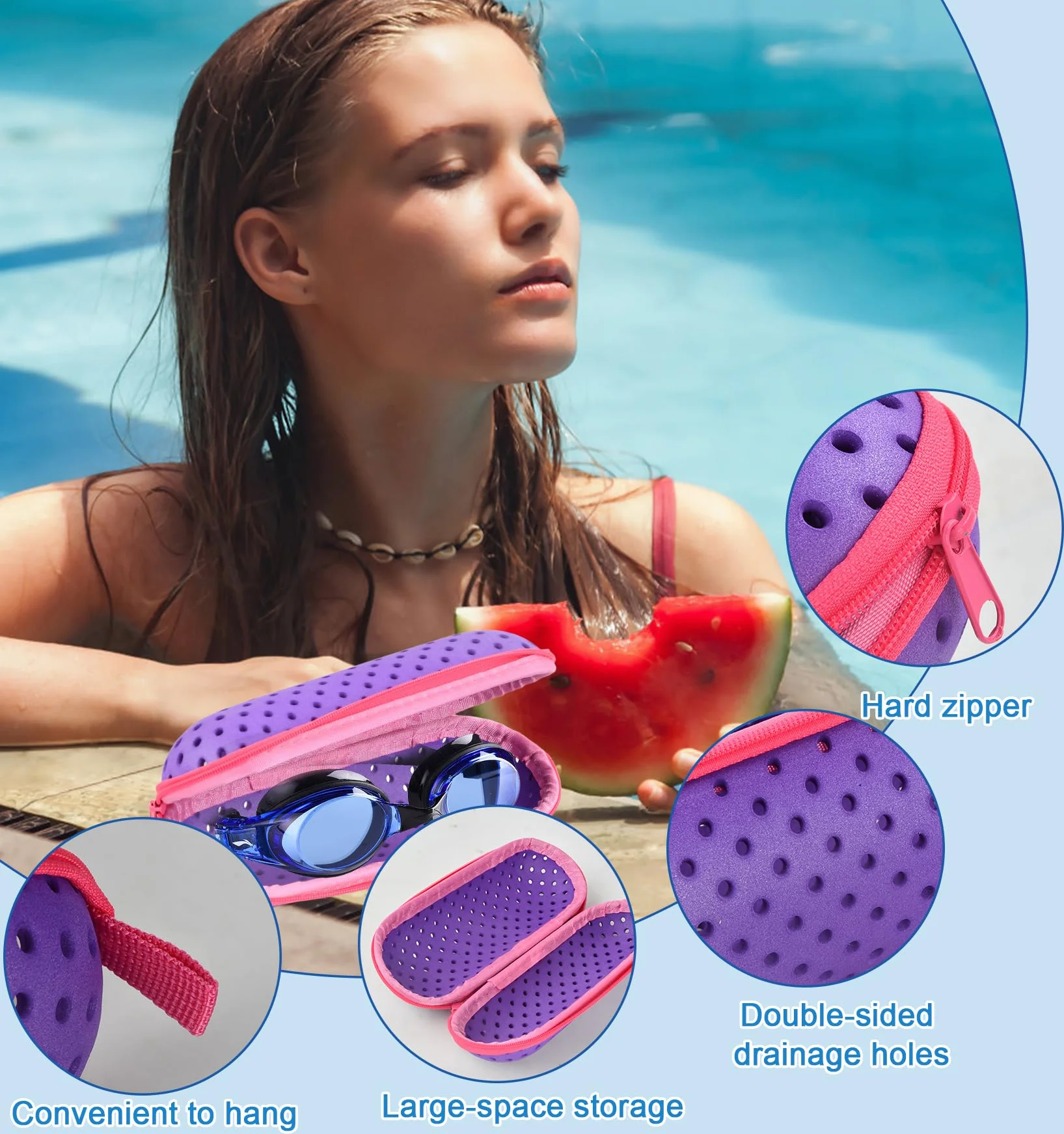Etui na okulary pływackie, etui na okulary pływackie z otworami drenażowymi, przenośna torba na okulary pływackie, oddychająca torba dla mężczyzn, kobiet, dzieci (18,5 × 7,5 cm)
