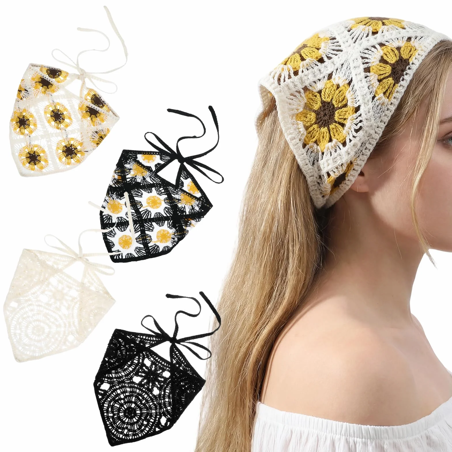 4 sztuki damskich chustek na głowę w stylu boho, trójkątna chusta, elastyczne nakrycie głowy, szydełkowane, chusta na głowę do wiązania, chusty na głowę dla kobiet