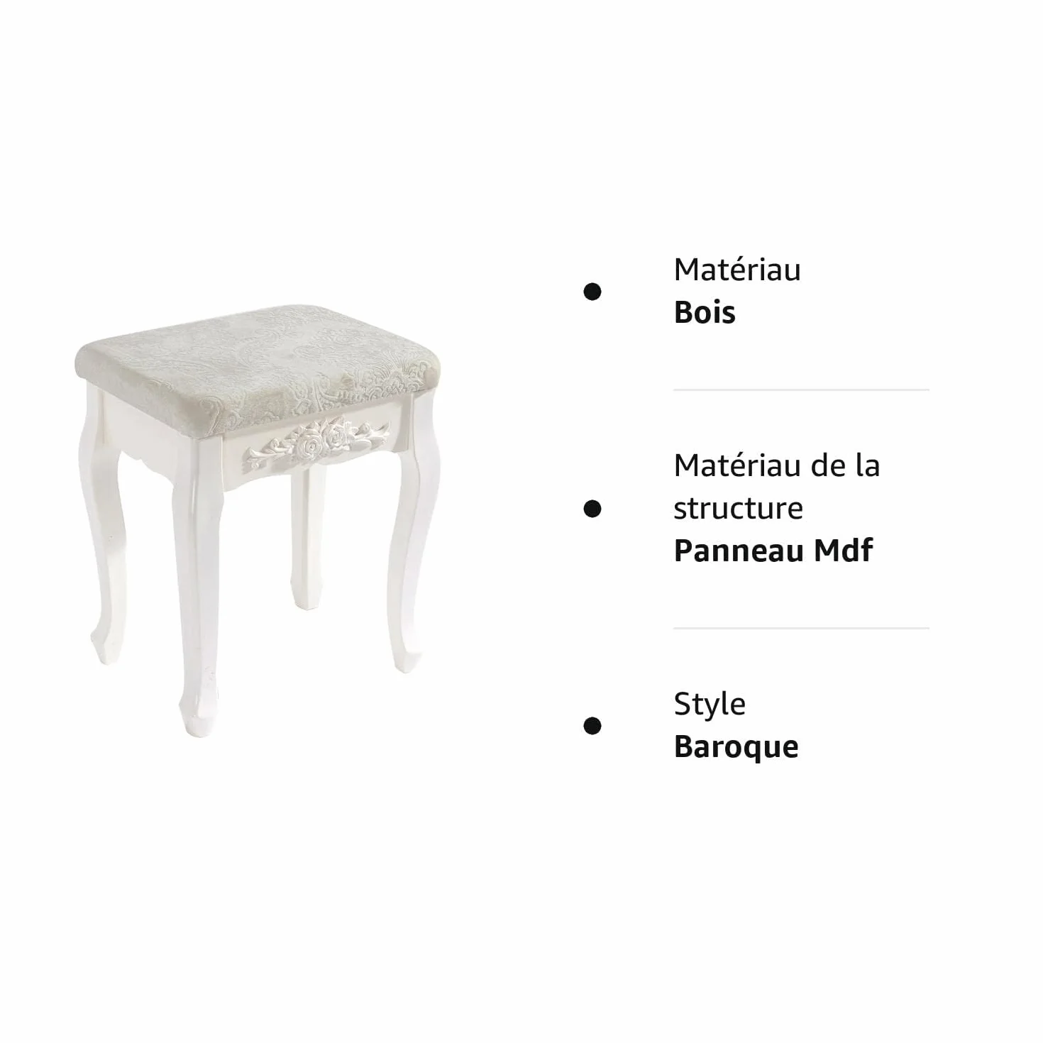 WOLTU MB6015 Taboret do Makijażu Tapicerowany MDF Lakierowany Biało Kremowo-Biały Barokowy