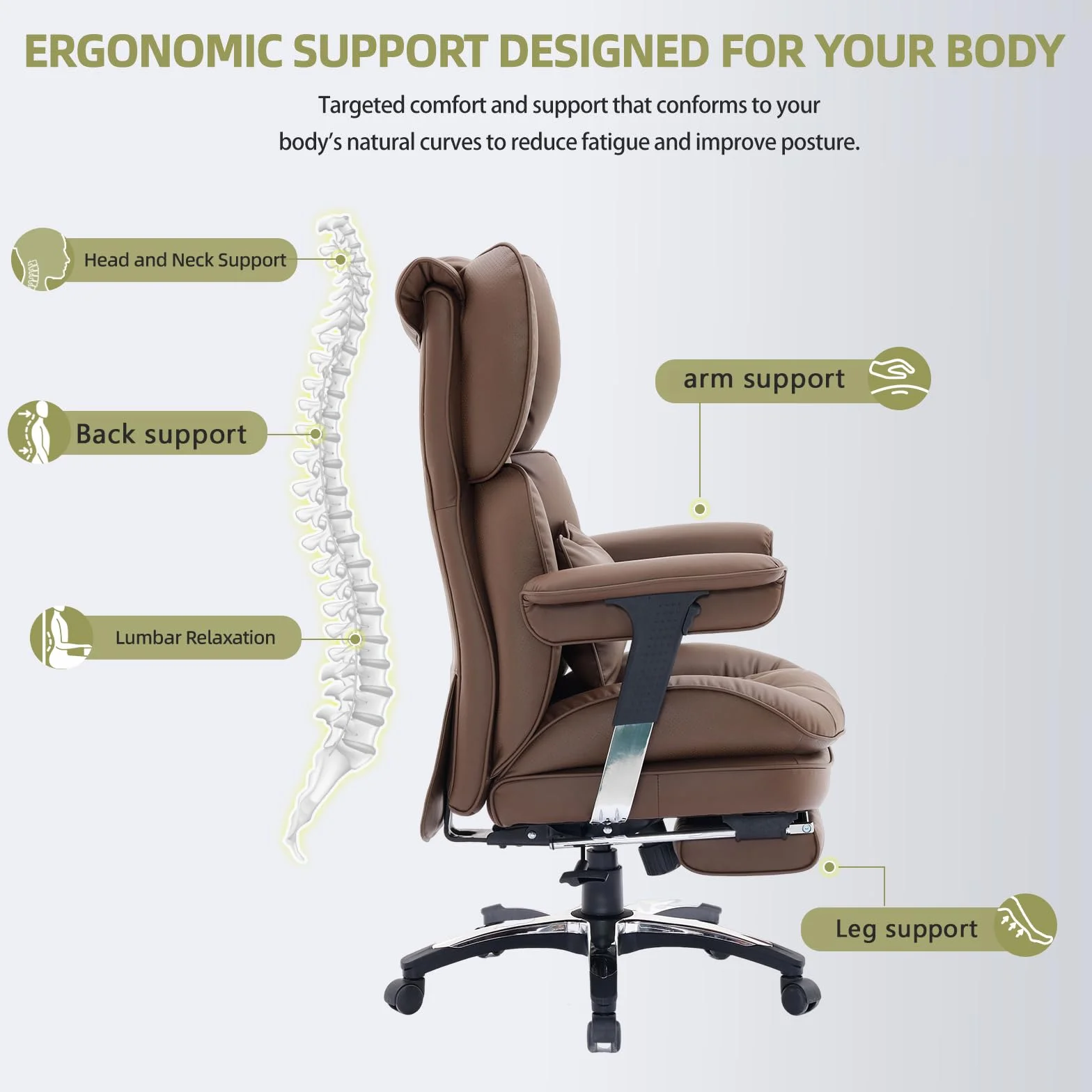 Efomao Ergonomiczny fotel biurowy z podnóżkiem, regulowany fotel gamingowy z poduszką lędźwiową i zagłówkiem, obrotowy fotel komputerowy z funkcją odchylania