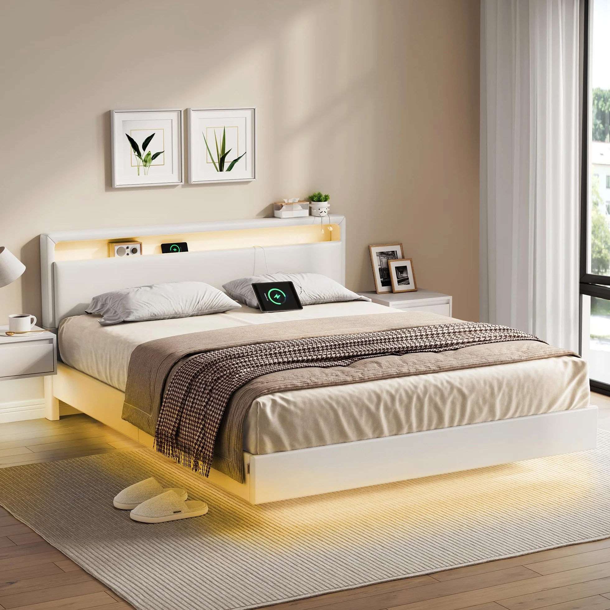 VASAGLE Łóżko podwójne 160x200 cm z oświetleniem LED, wysoki zagłówek, gniazda, biały RMB865W01