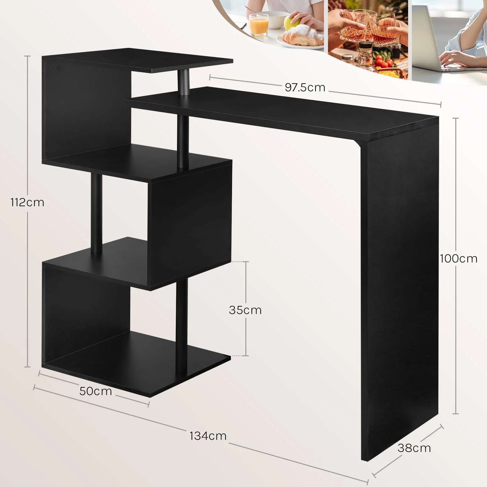 WOLTU Stolik barowy z 3 półkami obrotowy metal MDF 134x112x38 cm czarny