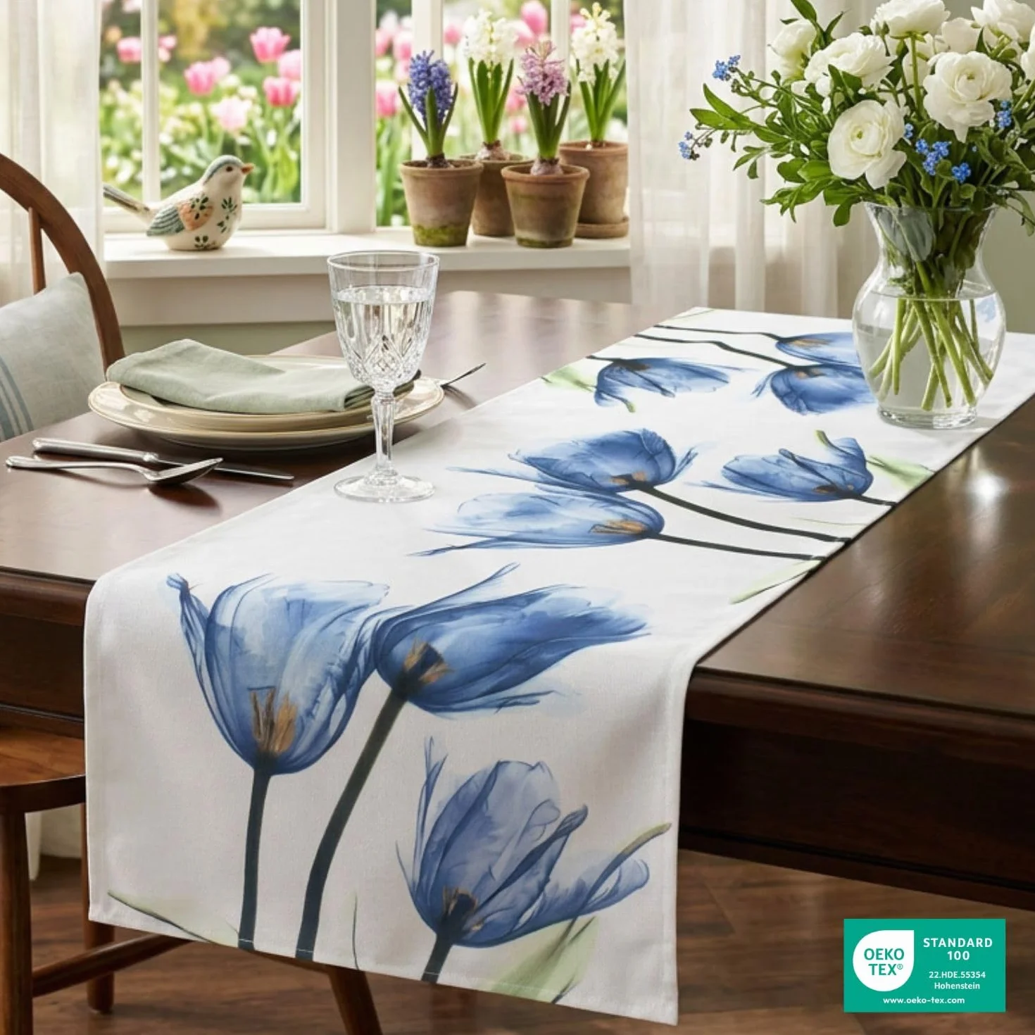Bieżnik na stół 40x140 cm, tulipany, niebieski, beżowy kremowy, nowoczesny nadruk, na wiosnę i lato