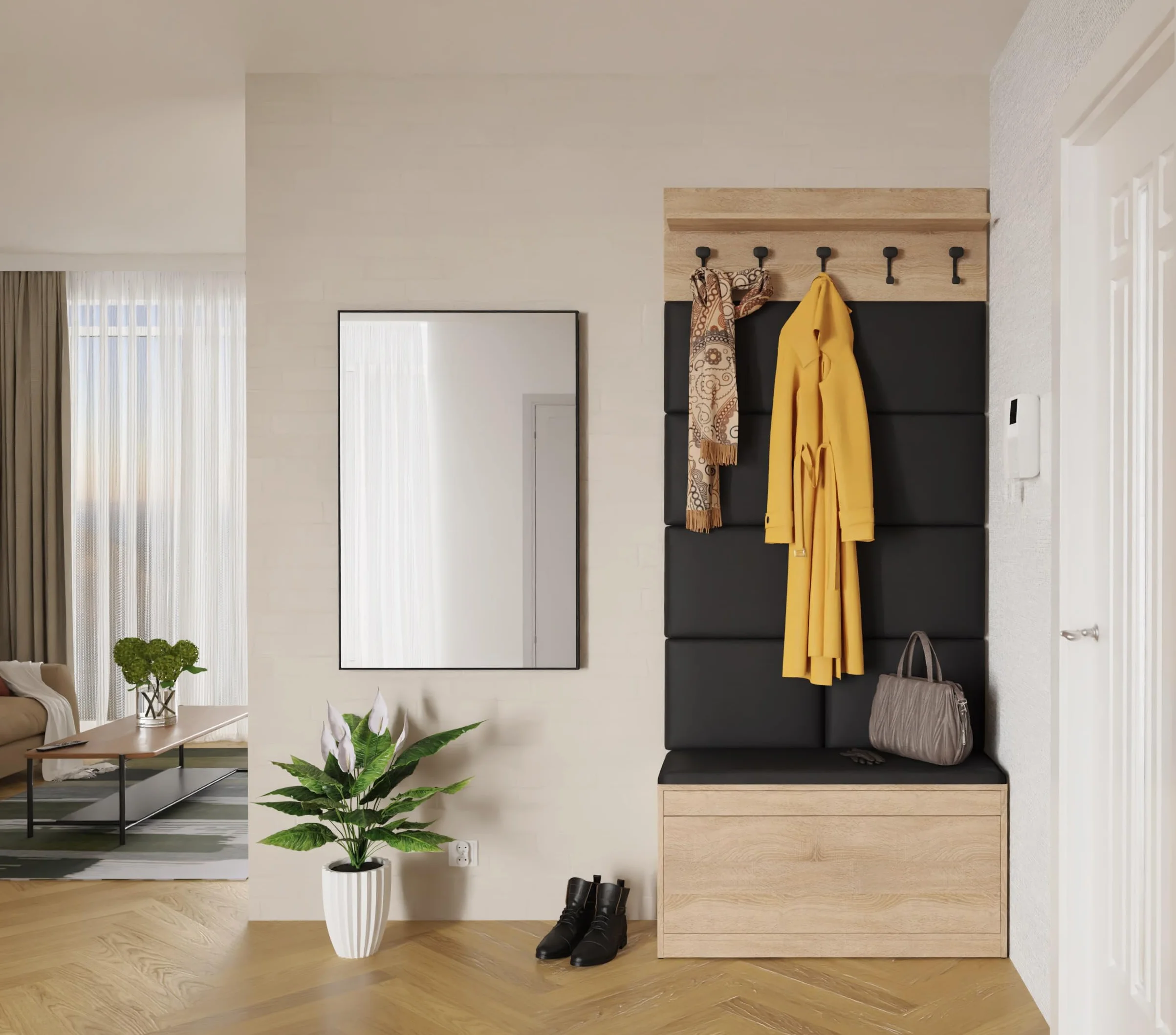 PLATAN ROOM Garderoba ścienna z panelem garderobianym, szafką na buty i szafką wiszącą, 100 cm, garderoba do przedpokoju, zestaw garderobiany na korytarz, dąb dębowy, białe drewno (3-częściowy z 8