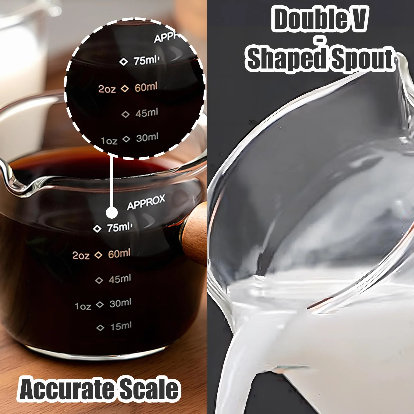 2 sztuki filiżanek do espresso z uchwytem, szklane szklanki do espresso 2.5 oz z miarką i podwójnym odpływem, wielokrotnego użytku szklana miarka z V-kształtnym wylewem do kawy, mleka, soku